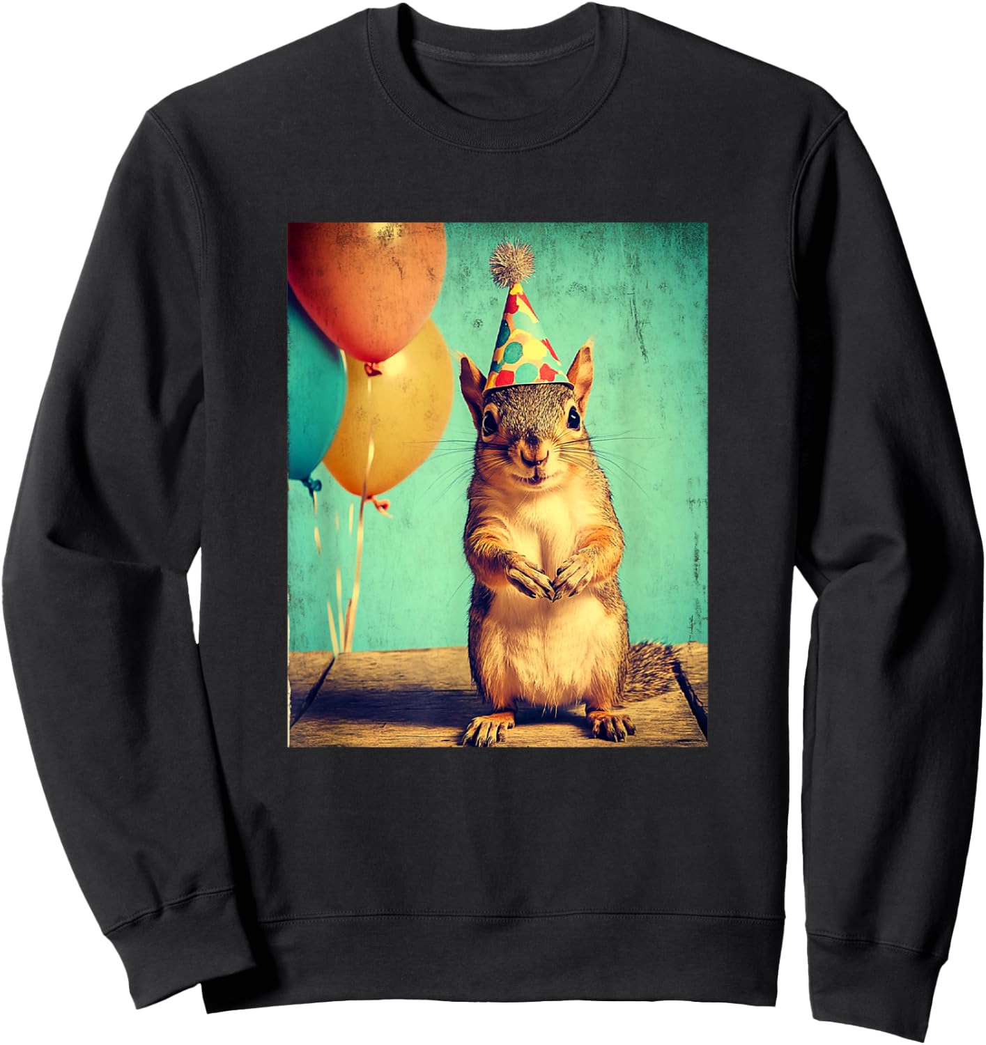 Squirrel Retro Art Print Birthday Party Balloons & Party Hat Sweatshirt - Sweatshirt | Black