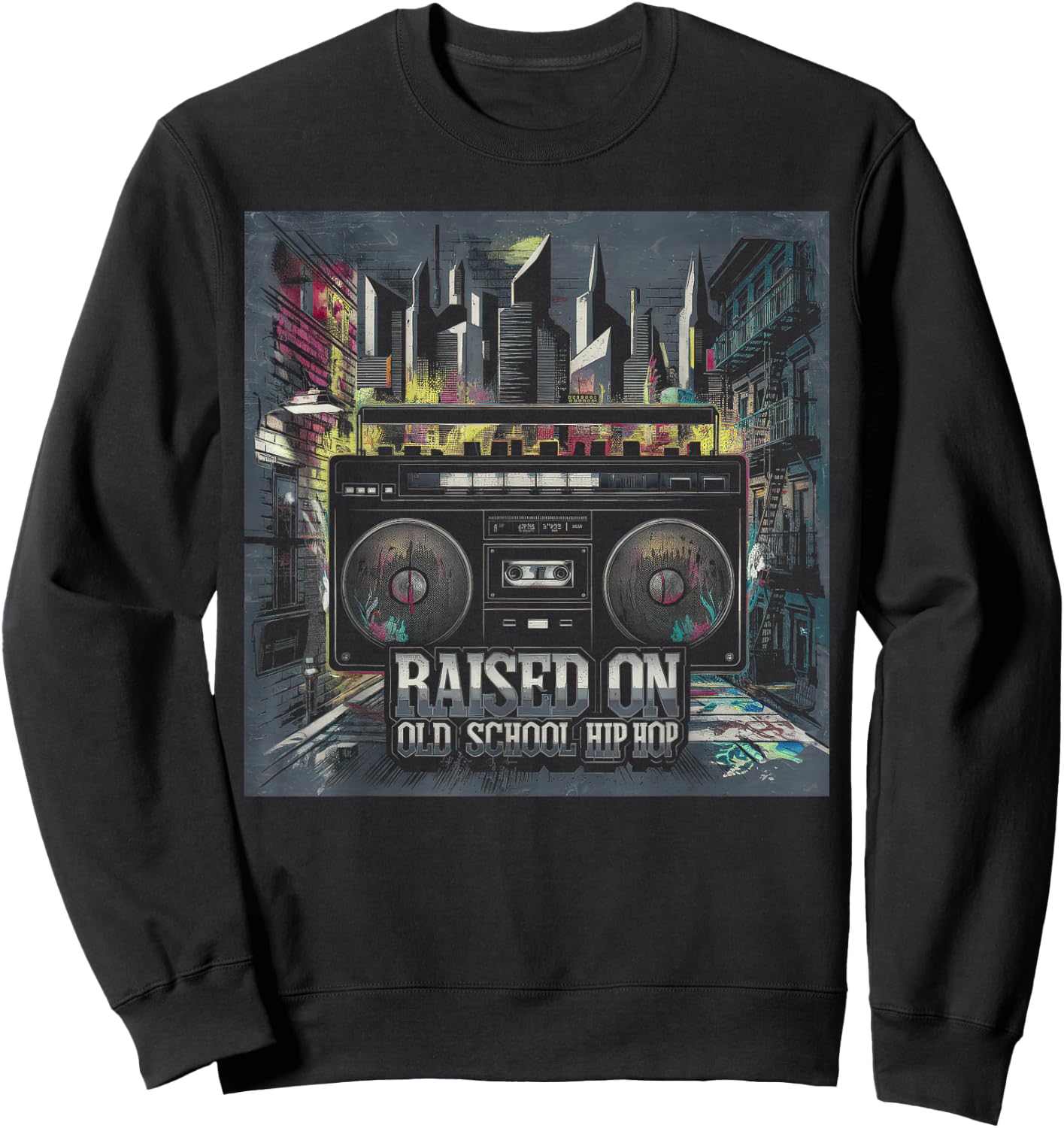 RAISED ON OLD SCHOOL Graffiti Rap HIP HOP Cassette Sweatshirt - Sweatshirt | Black