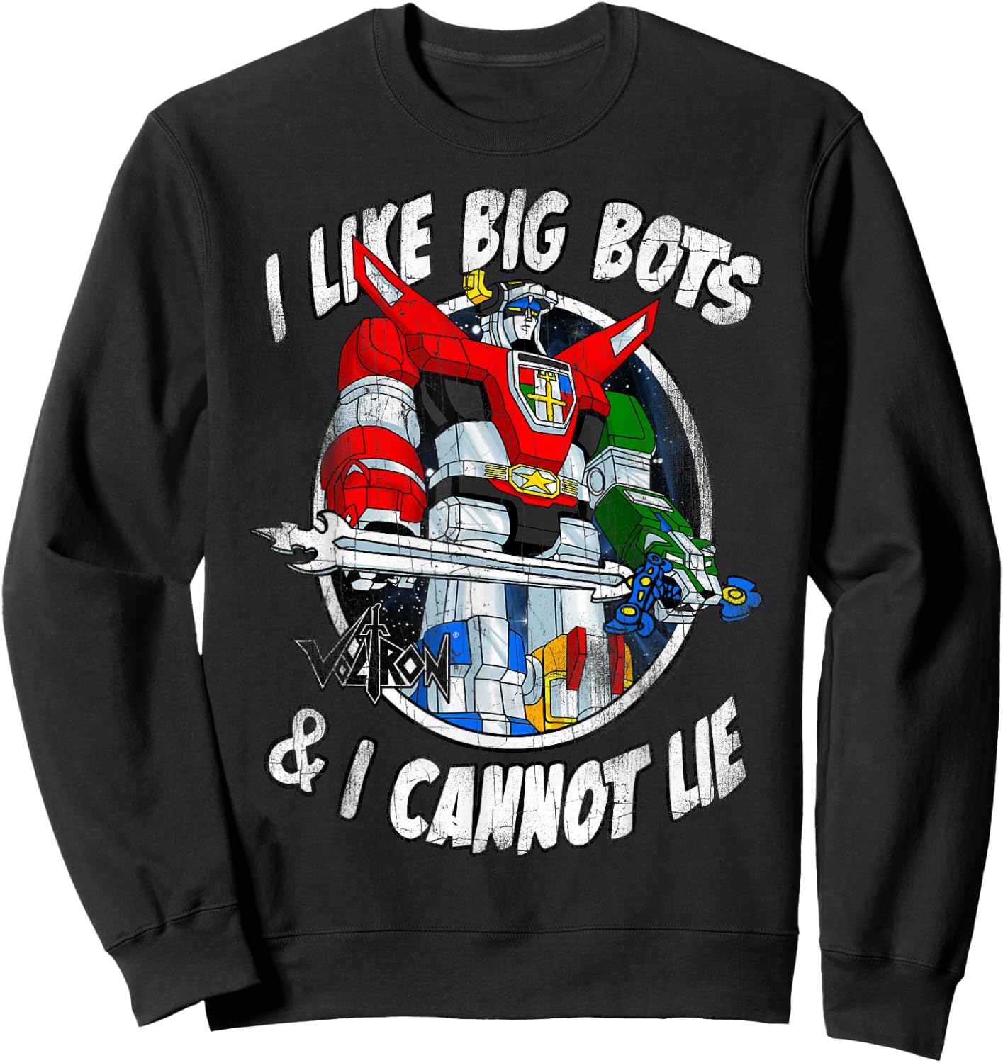 Voltron Retro Defender I Like Big Bots Distressed Sweatshirt - Sweatshirt | Black