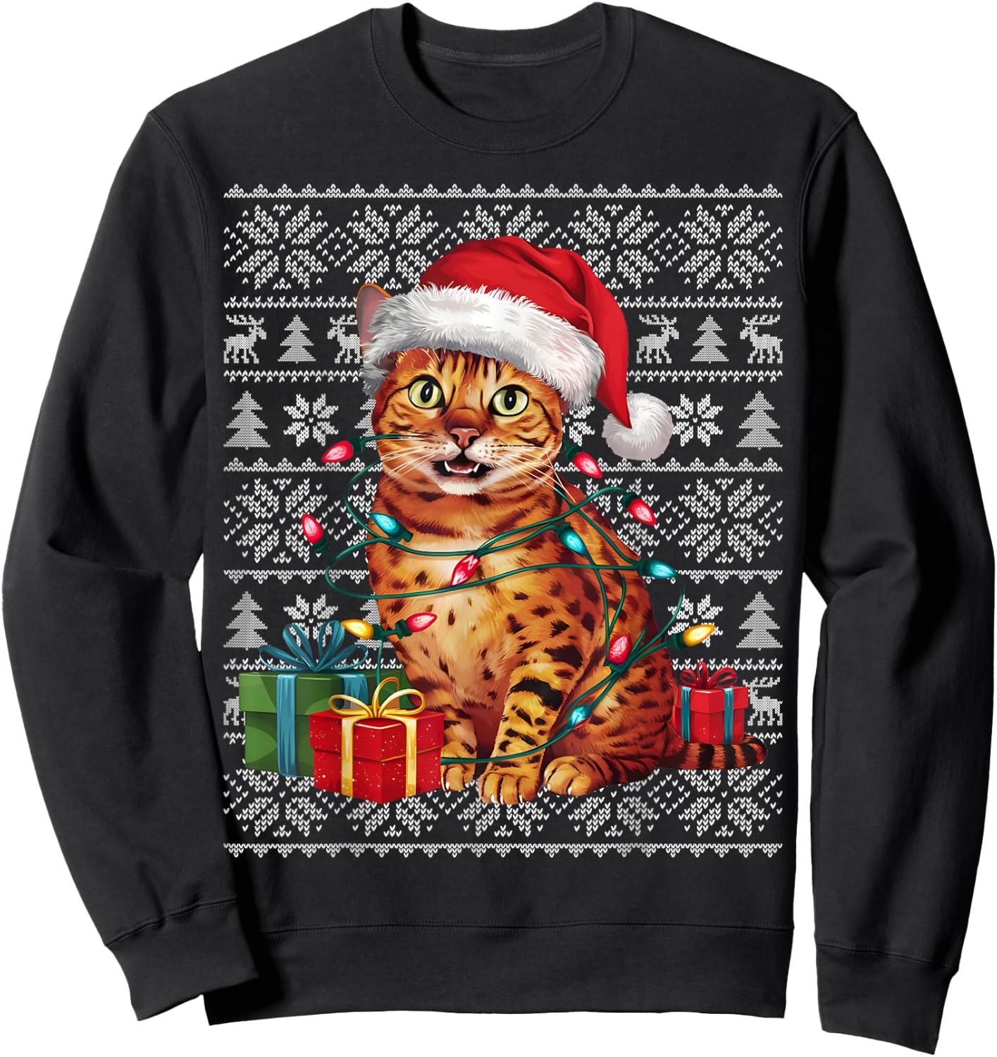 Xmas Sweater Style Ugly Santa Hat Bengal Cat Christmas Women Kids Sweatshirt - Sweatshirt | Black