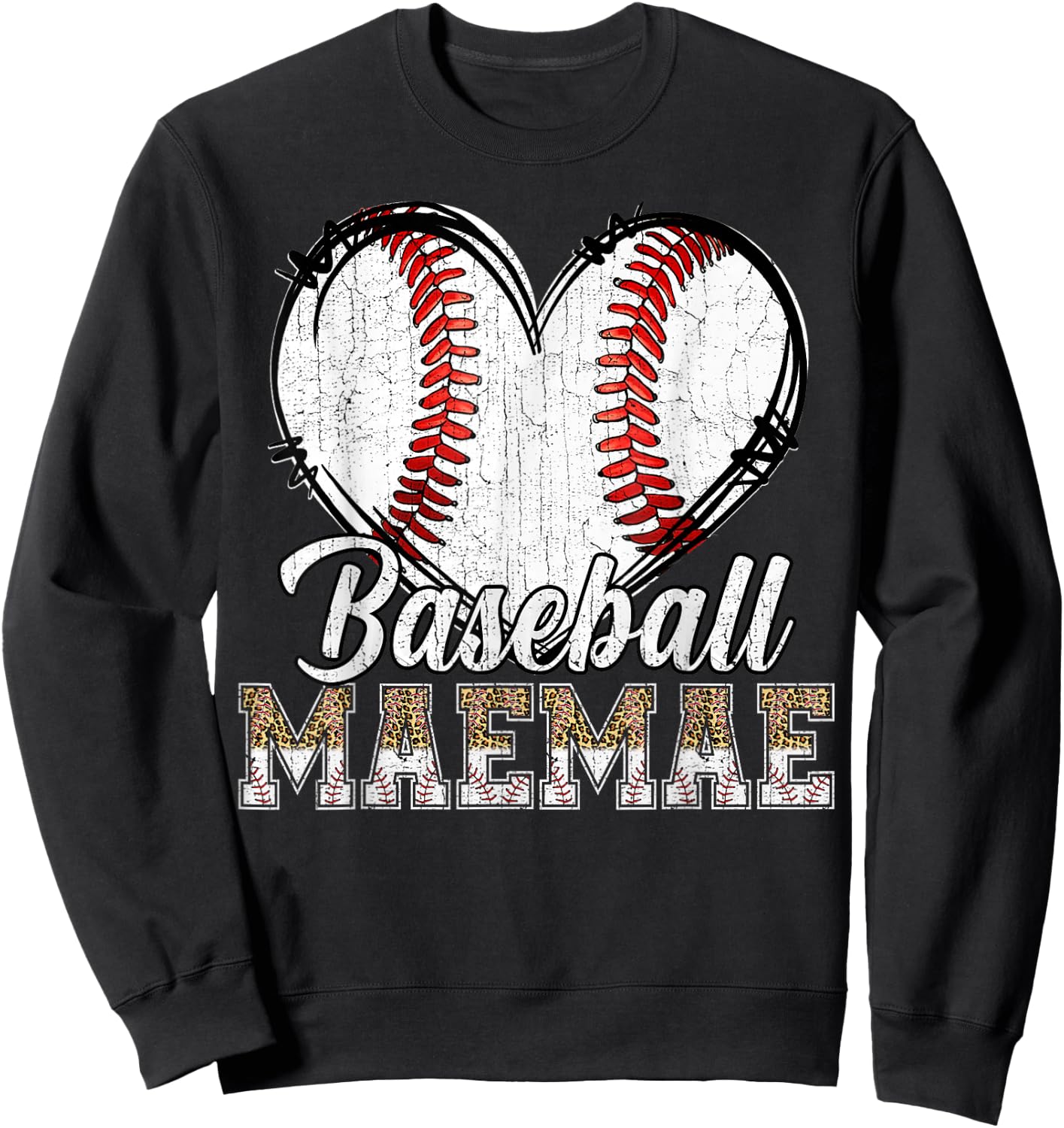 Softball Baseball Maemae Heart Leopard Print Mother's Day Sweatshirt - Sweatshirt | Black