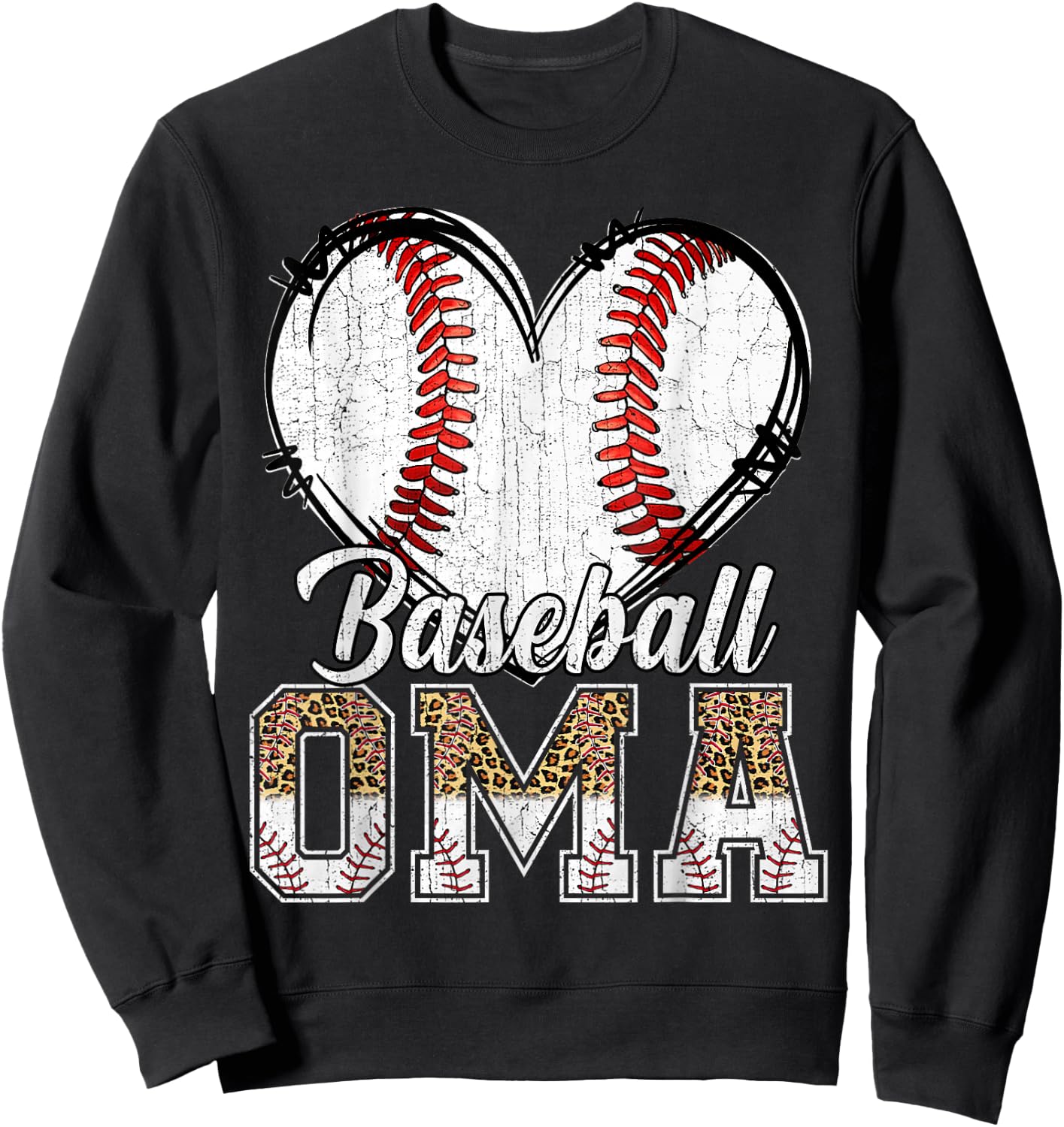 Softball Baseball Oma Heart Leopard Print Mother's Day Sweatshirt - Sweatshirt | Black