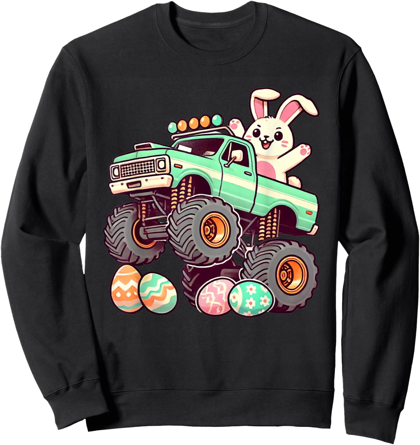 Monster Truck Bunny Happy Easter Day Kids Boys Toddler Funny Sweatshirt - Sweatshirt | Black