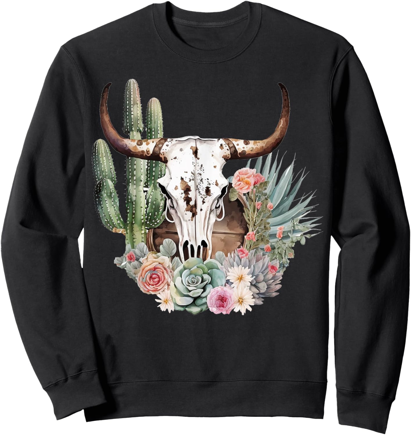 Western Boho Chic Longhorn Bull Skull Cactus Beige Pattern Sweatshirt - Sweatshirt | Black