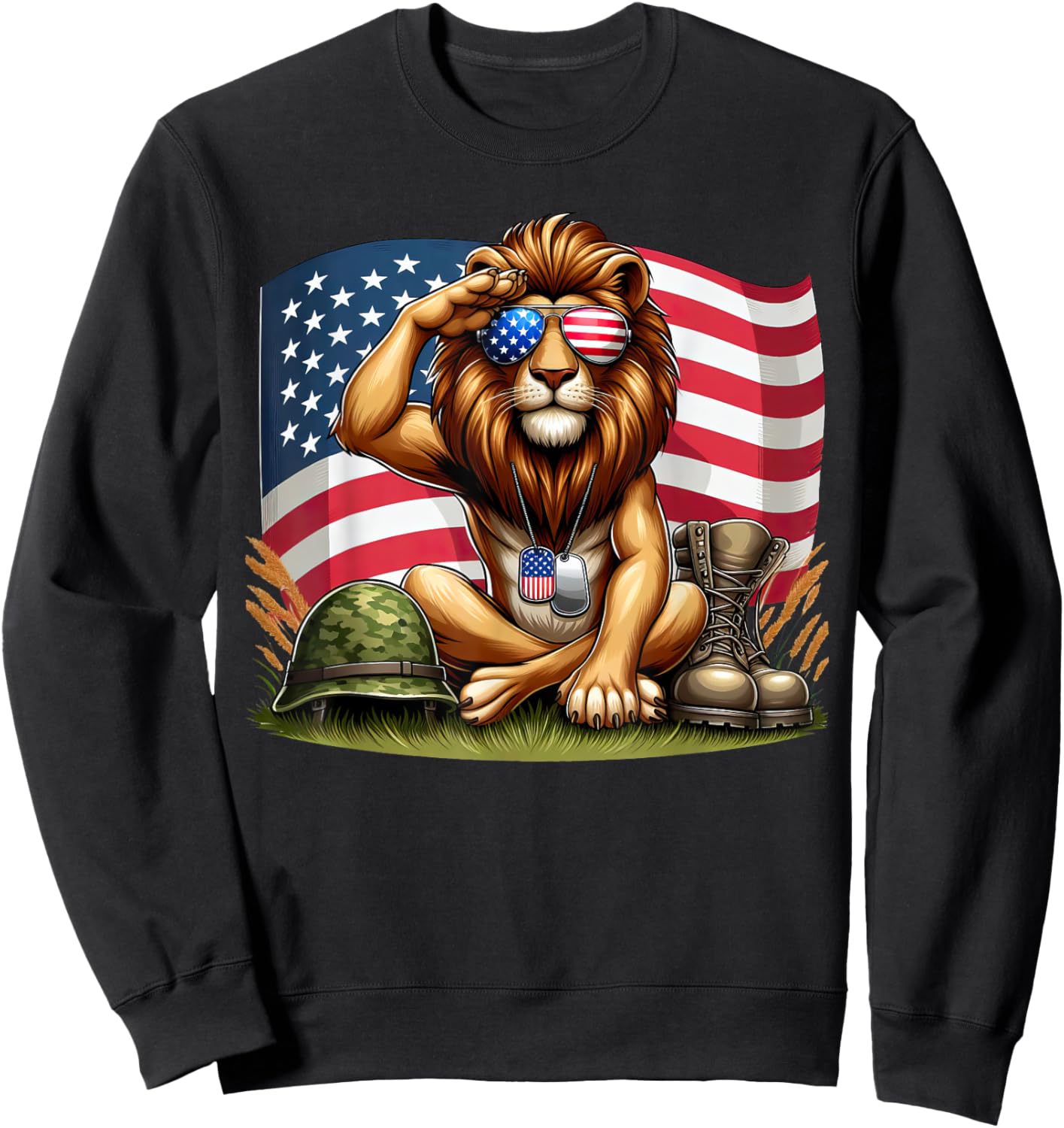 Salute Lion American USA Flag Memorial Day 4th of July Sweatshirt - Sweatshirt | Black