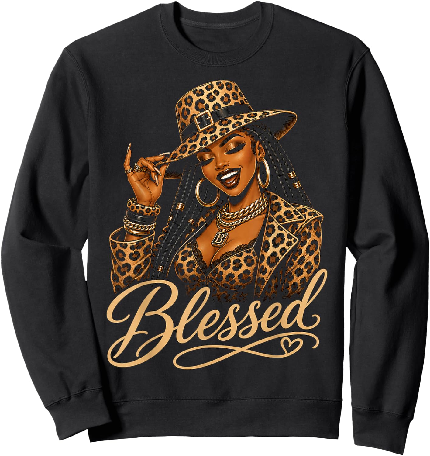 Stylish Woman in Leopard Print Empowerment Design Sweatshirt - Sweatshirt | Black