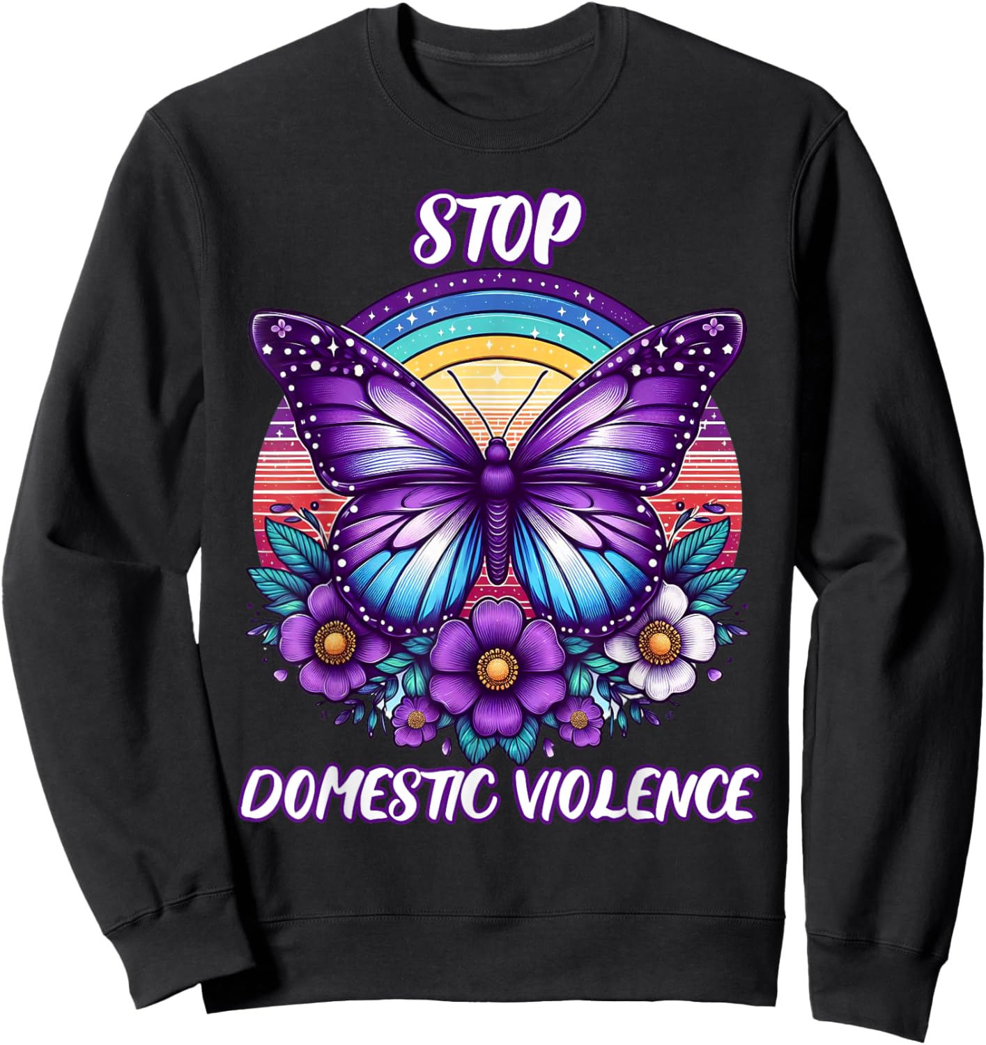 Women's Stop Domestic Violence Purple Retro Rainbow Flowers Sweatshirt - Sweatshirt | Black