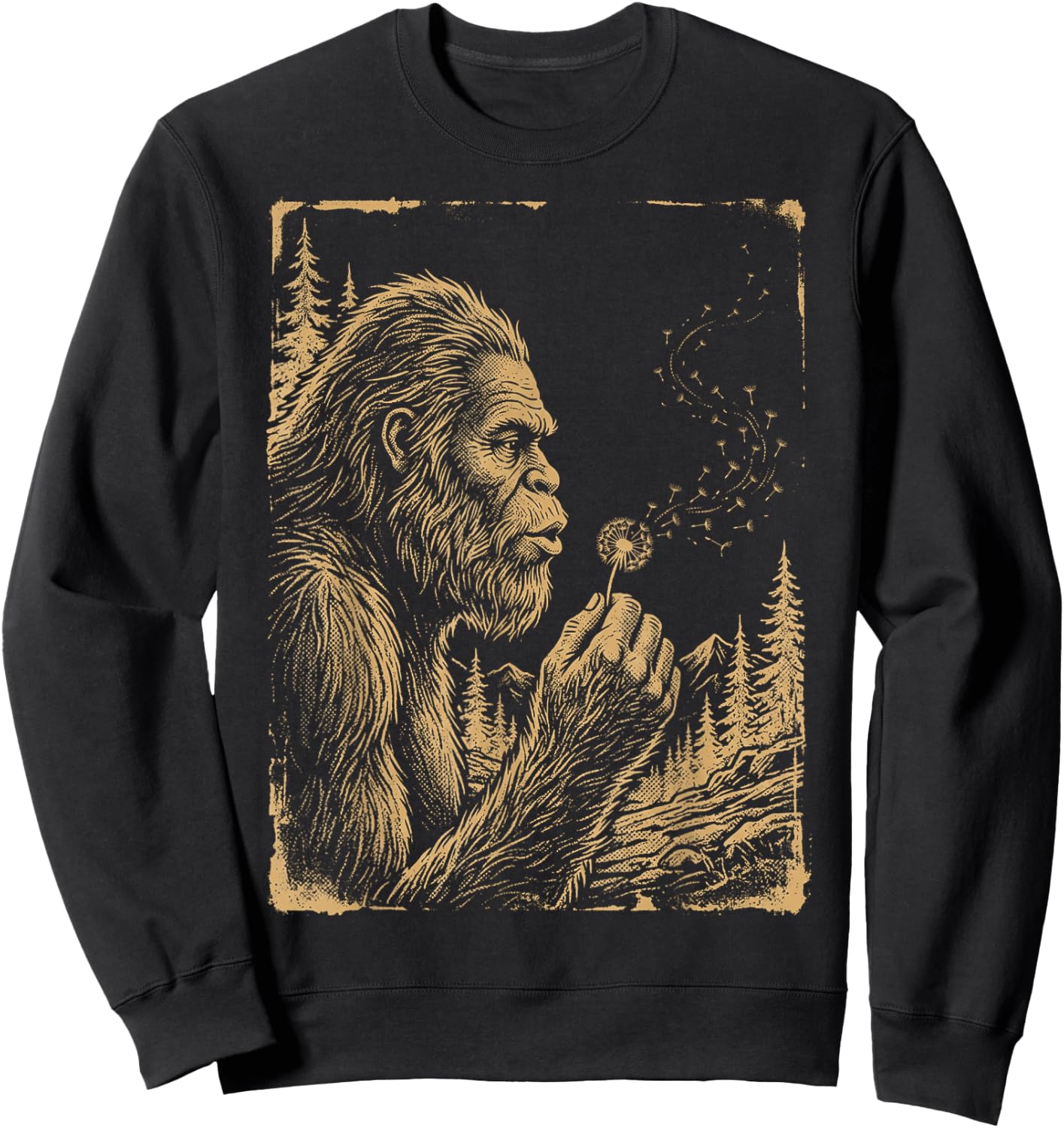 Funny Bigfoot Blowing Wishes Dandelion Vintage Art Sweatshirt - Sweatshirt | Black