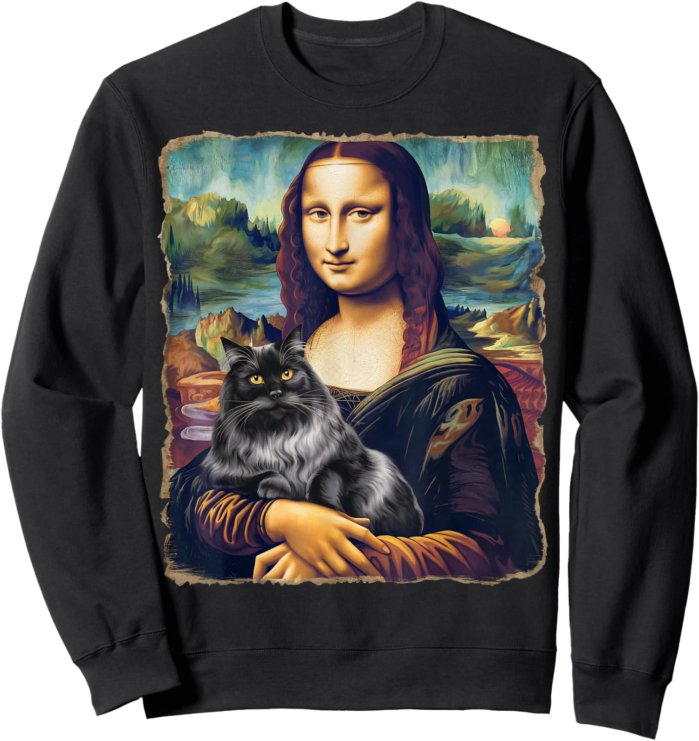 Black Cat Art Painting Apparel Gifts Graphic Mona Lisa Cat Art Funny for Cat Lovers, -Adults, Kids, Black, Small, Short Sleeve Sweatshirt - Sweatshirt | Black