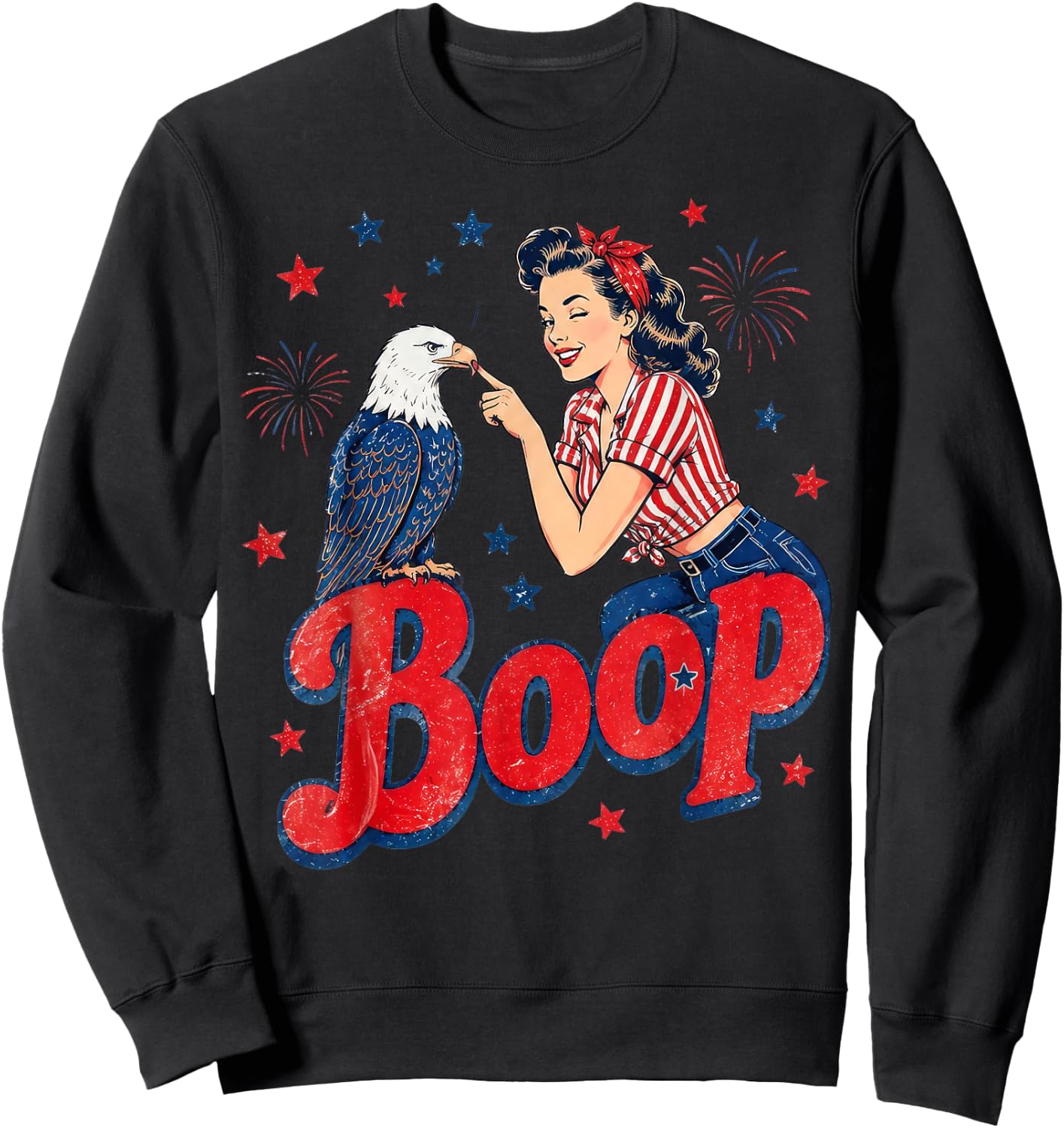 Boop Vintage Girl and Eagle Funny Patriotic 4th of July Sweatshirt - Sweatshirt | Black