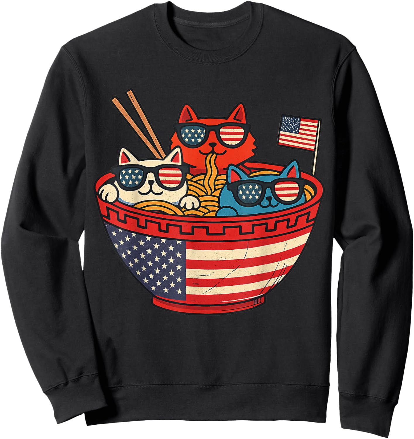 Cats Ramen Anime American Flag USA Funny 4th Of July Fourth Sweatshirt - Sweatshirt | Black