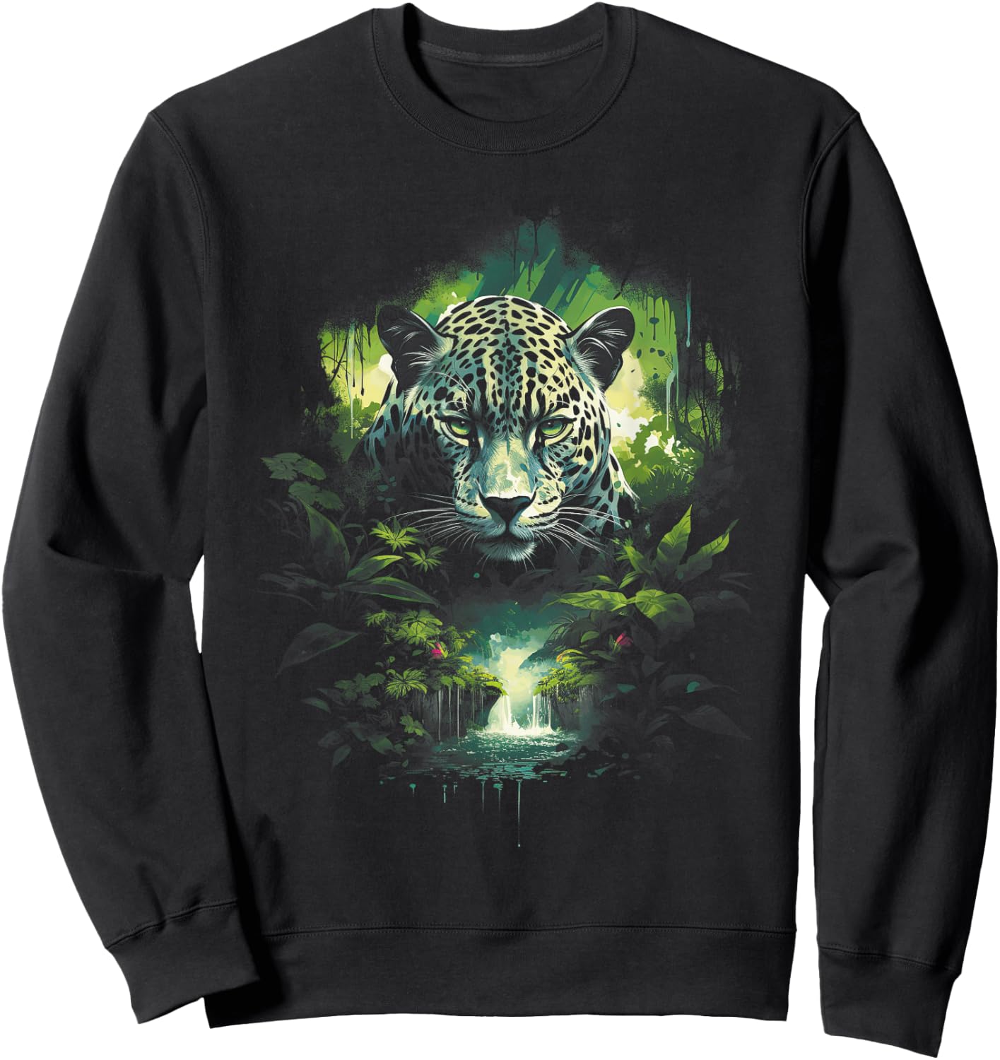 Majestic Jaguar Jungle Wildlife Illustration Sweatshirt - Sweatshirt | Black