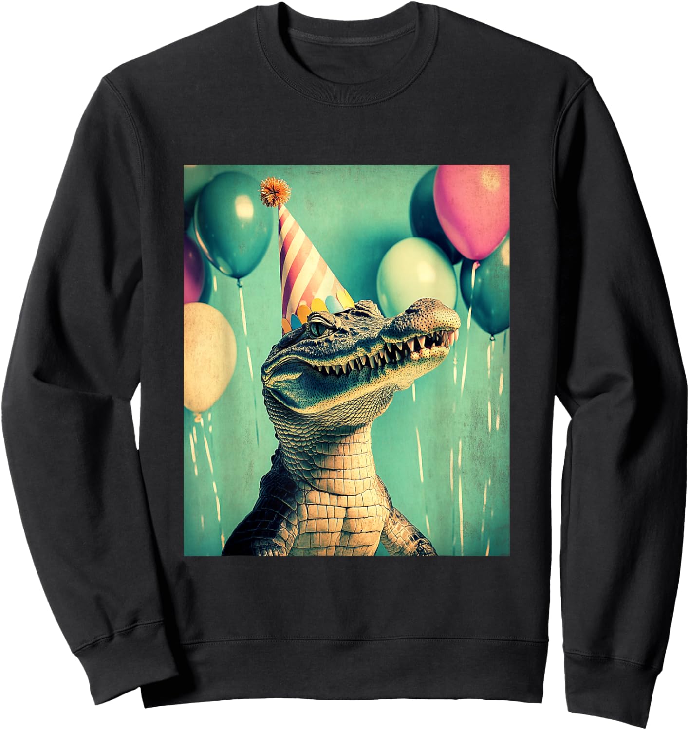 Crocodile Retro Art Print Birthday Party Balloons Party Hat Sweatshirt - Sweatshirt | Black