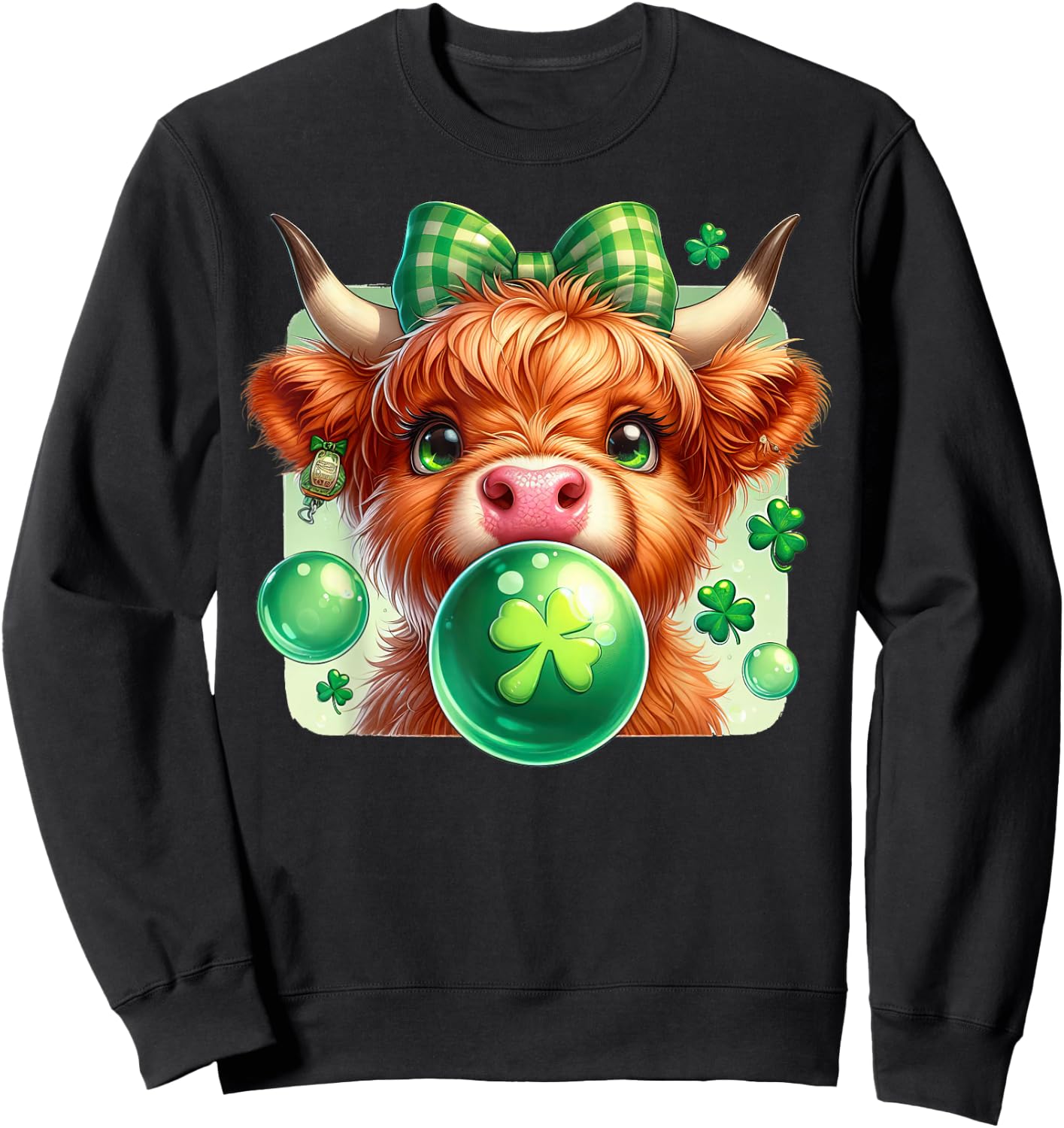 Highland Cow Blowing Bubblegum Celebrate St Patricks Day Sweatshirt - Sweatshirt | Black