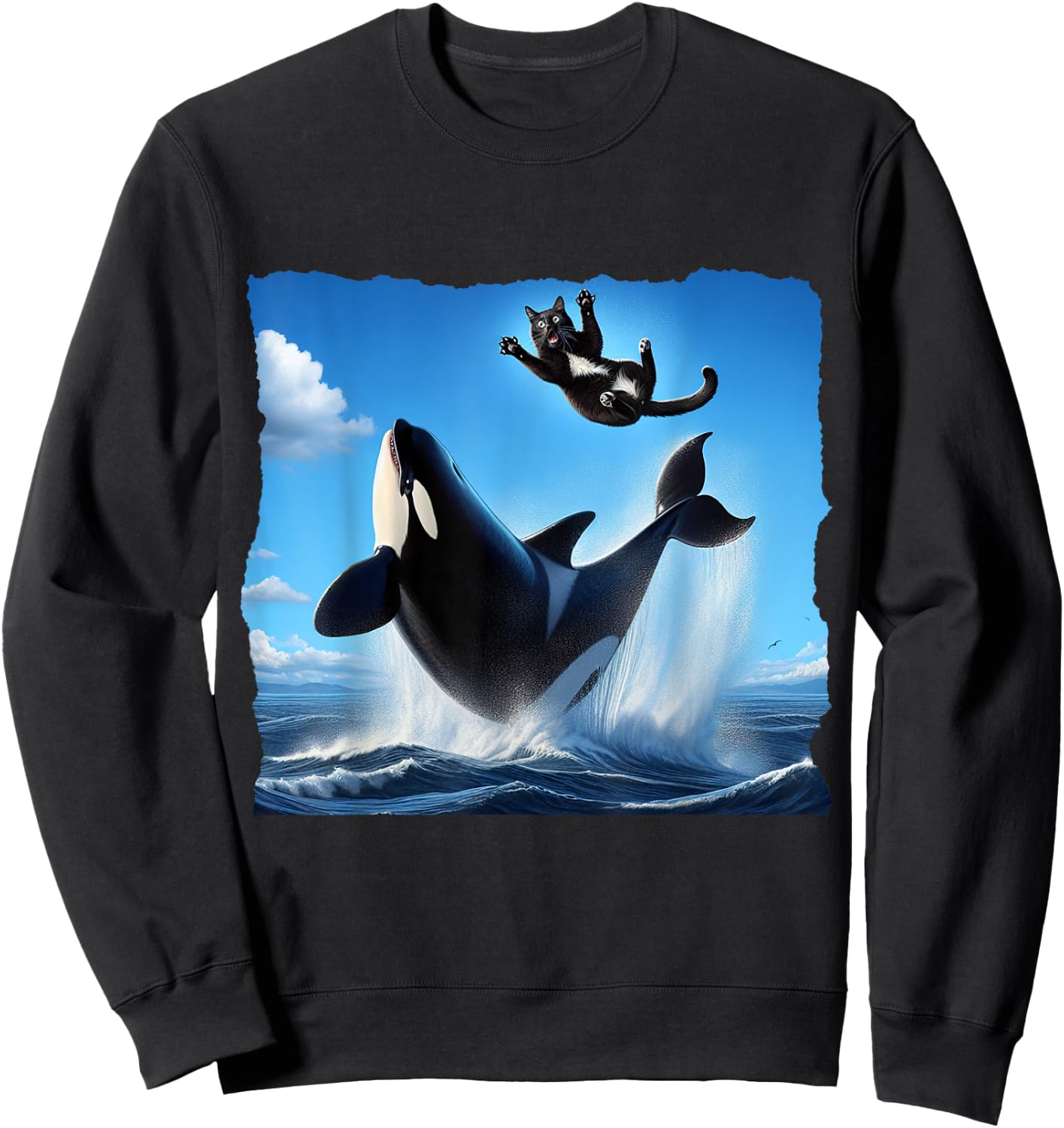 Funny Orca Whale Playing With Black Cat. cat and orca lover Sweatshirt - Sweatshirt | Black