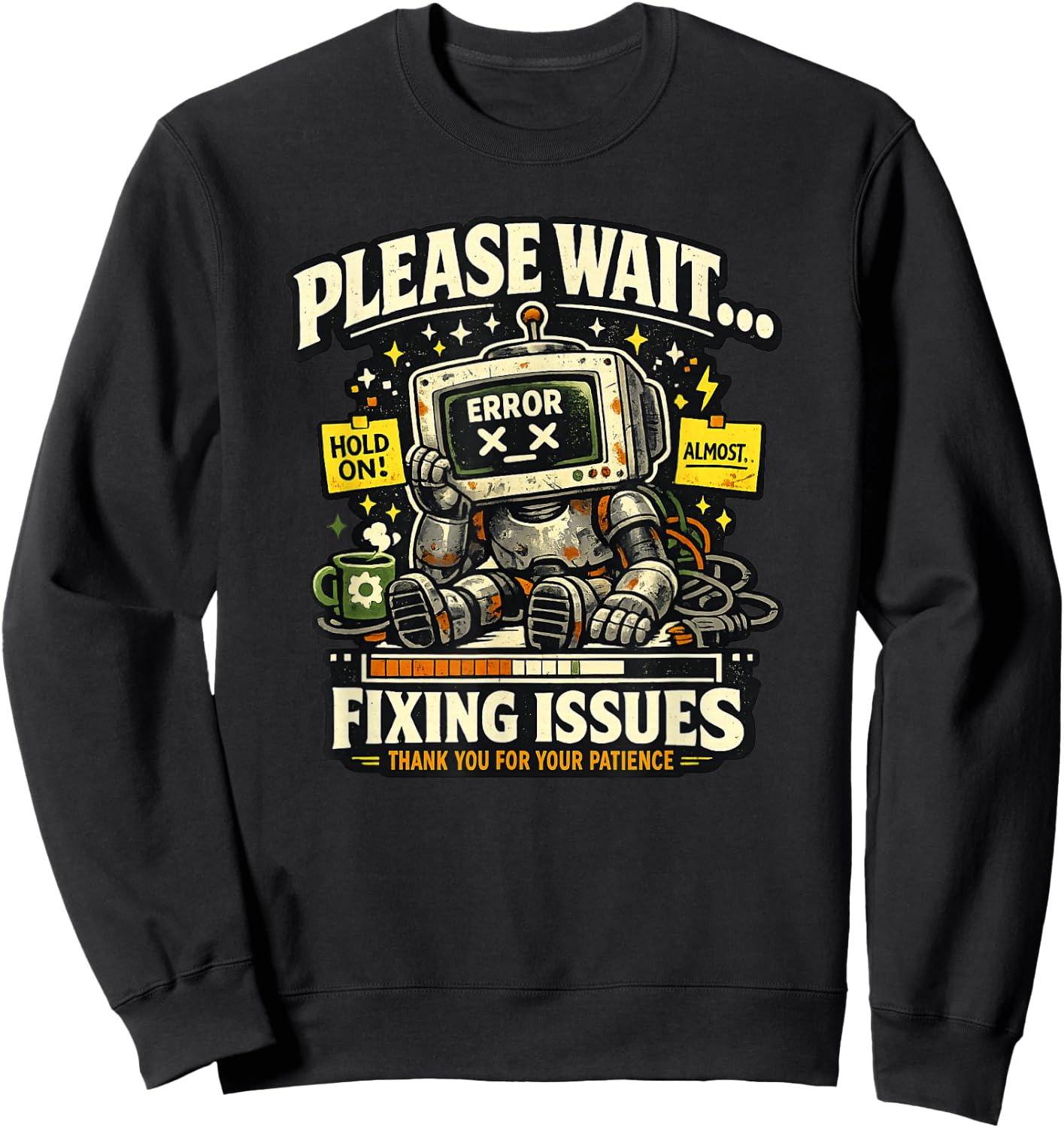 Please Wait Fixing Issues Retro Robot Burnout Design Sweatshirt - Sweatshirt | Black