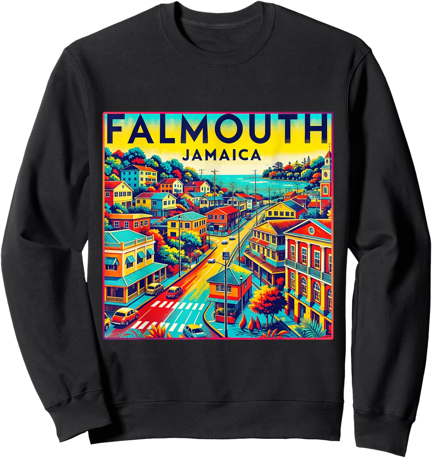 Falmouth Jamaica Shirt Family Trip Retro Port City Skyline Sweatshirt - Sweatshirt | Black
