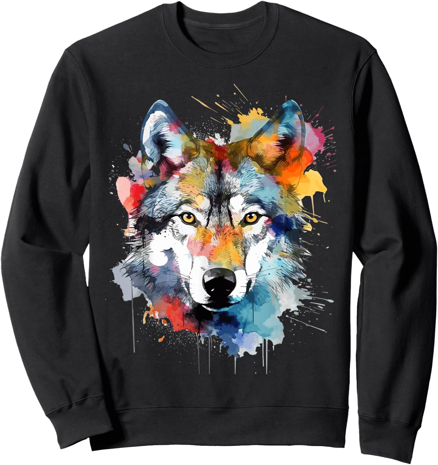 Wolfskopf Aquarell Damen Schwarz Small EU 38 V-Ausschnitt Kurzarm Klassische Passform Baumwolle 50% Polyester 50% Tierdruck Wildnis Einzigartiges Wolf-Design 1 Count Sweatshirt - Sweatshirt | Black