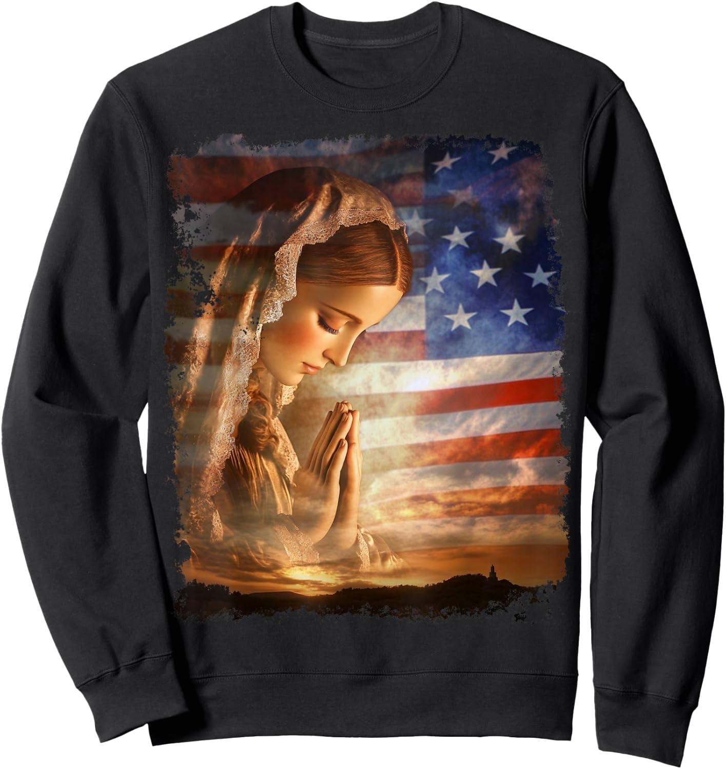 USA American US Flag The Virgin Mary Sweatshirt - Sweatshirt | Black