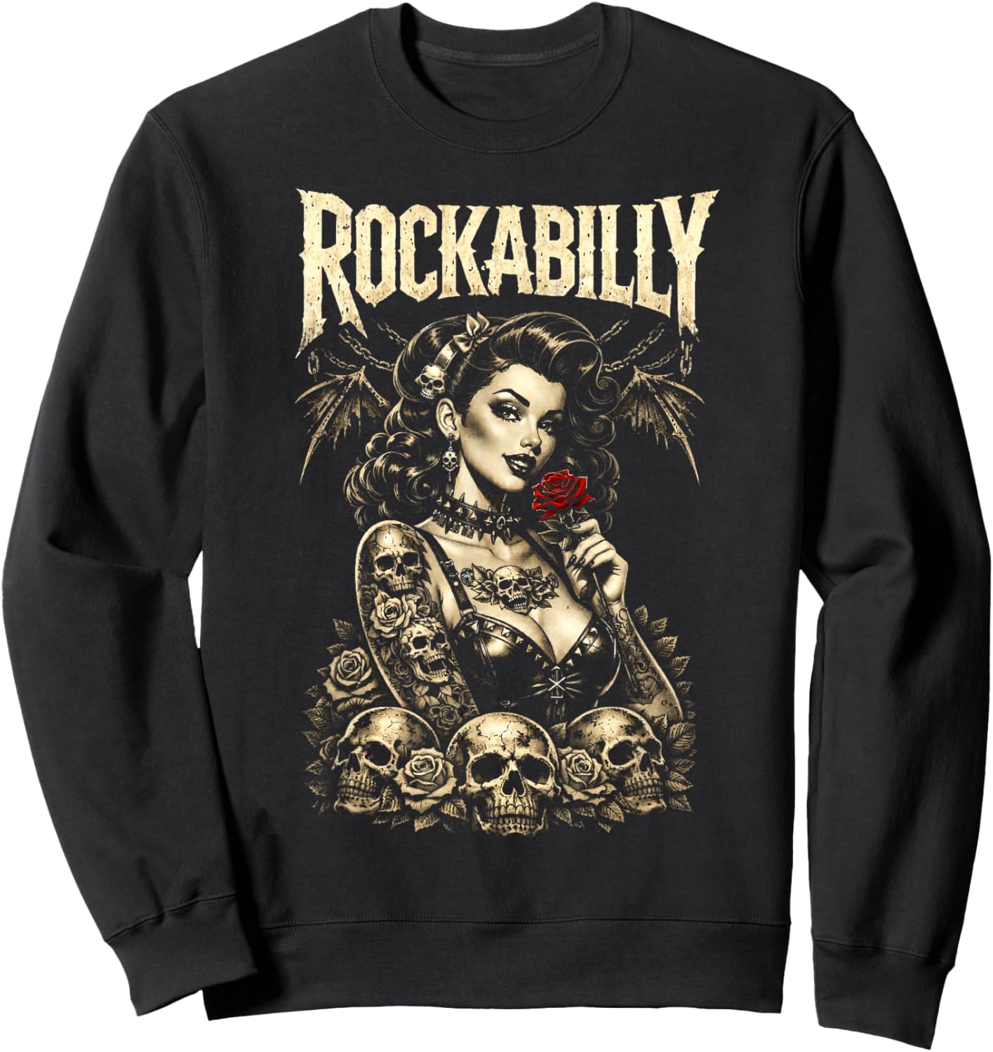 Rockabilly Gothic Pinup Girl Skulls Retro Alternative Rock Sweatshirt - Sweatshirt | Black