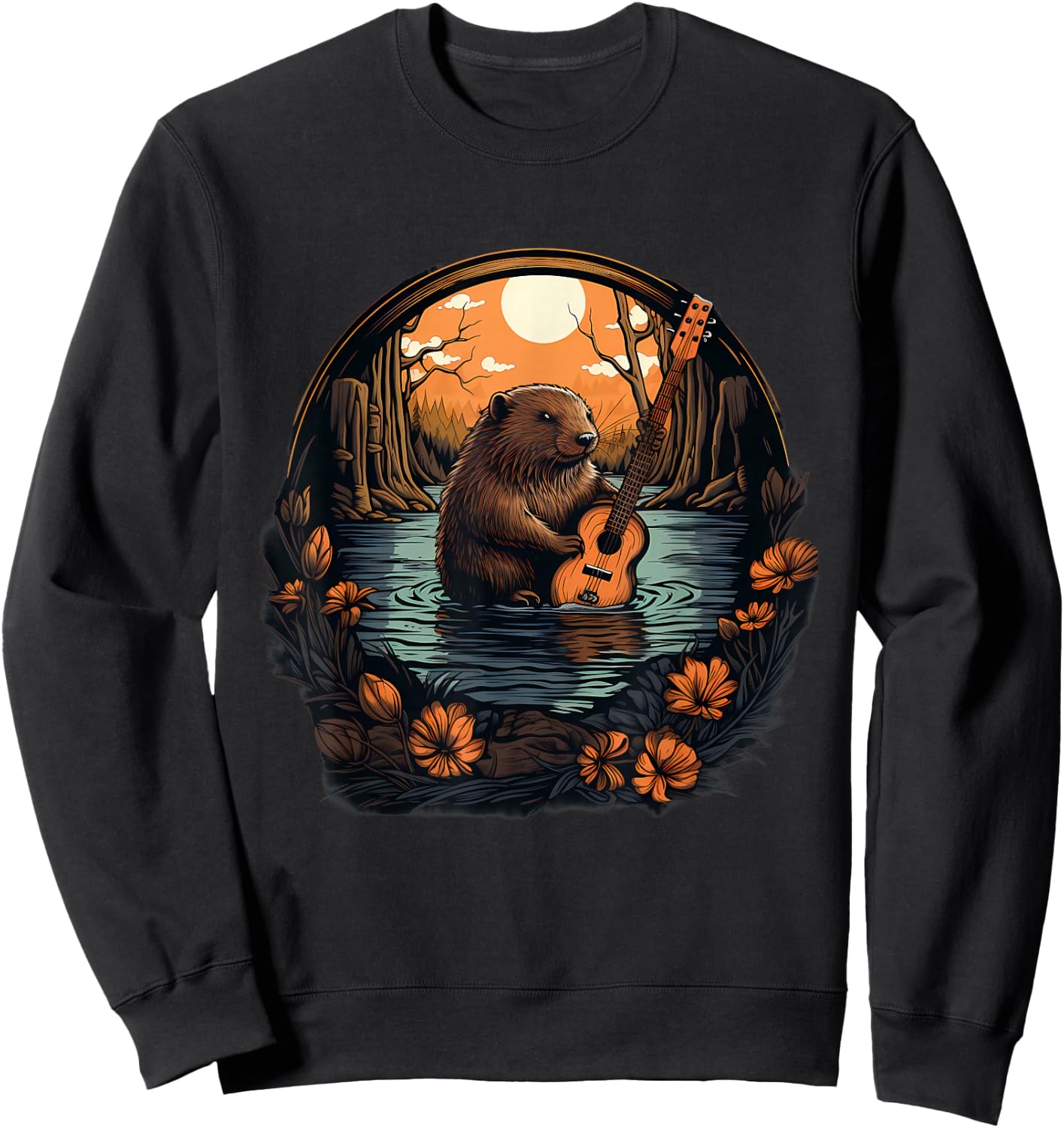 Beaver Nature Guitar Landscape Wildlife Artwork Animal Art Sweatshirt - Sweatshirt | Black