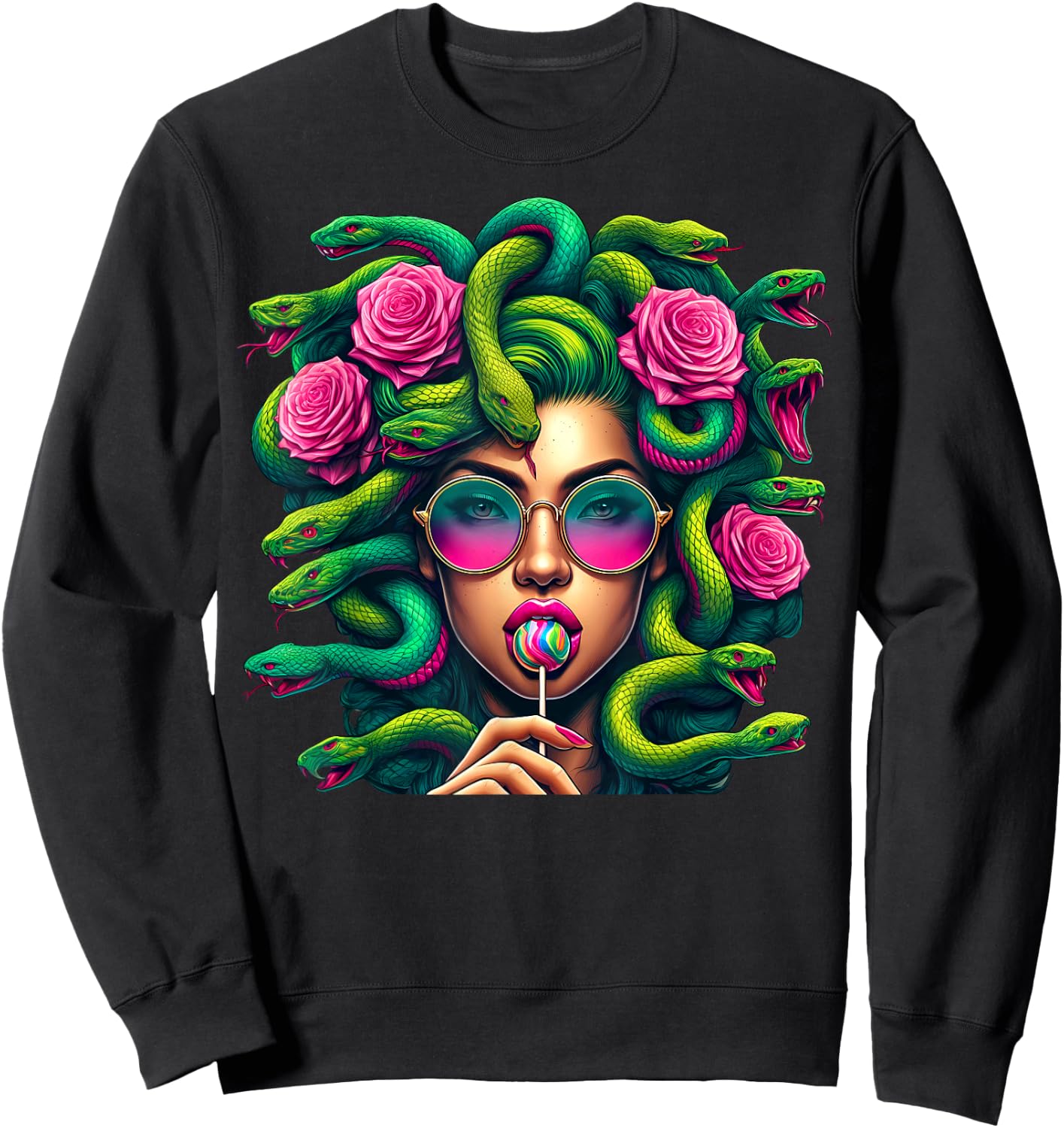 Medusa Snakes Roses Lollipop Floral Greek Mythology Sweatshirt - Sweatshirt | Black