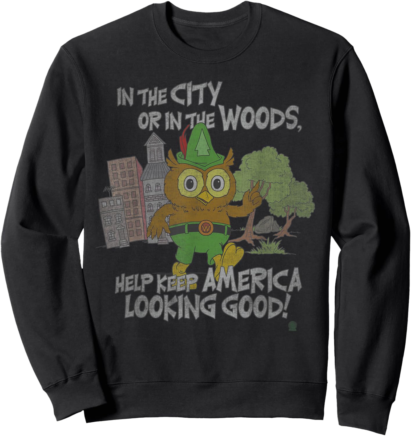 Woodsy Owl Keep America Looking Good Distressed and Faded Sweatshirt - Sweatshirt | Black