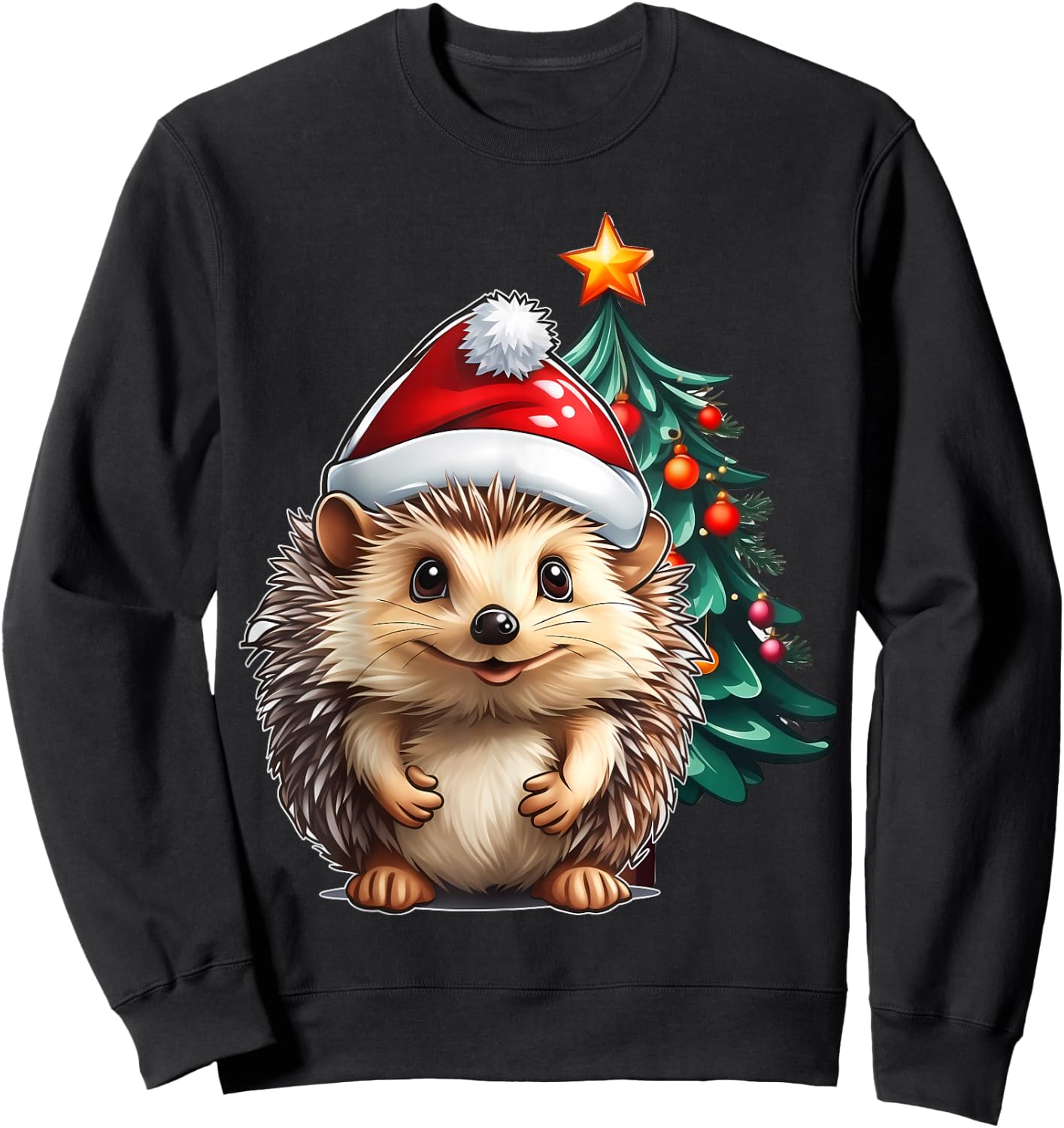 Aesthetic Christmas Hedgehog Santa Hat Xmas Tree Custom Sweatshirt - Sweatshirt | Black