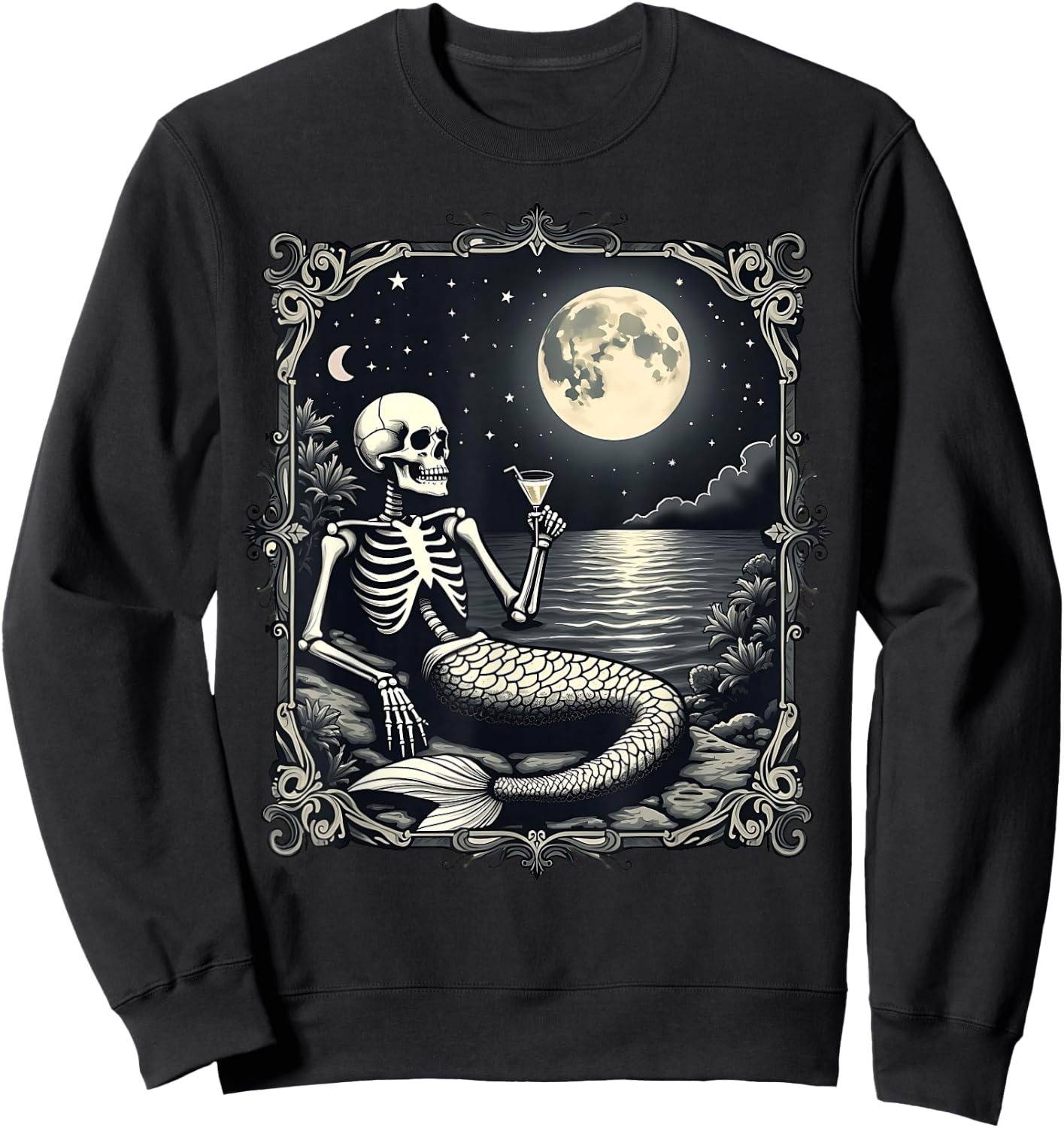 Funny Skeleton Mermaid at Full Moon Cool Mermaid Graphic Sweatshirt - Sweatshirt | Black