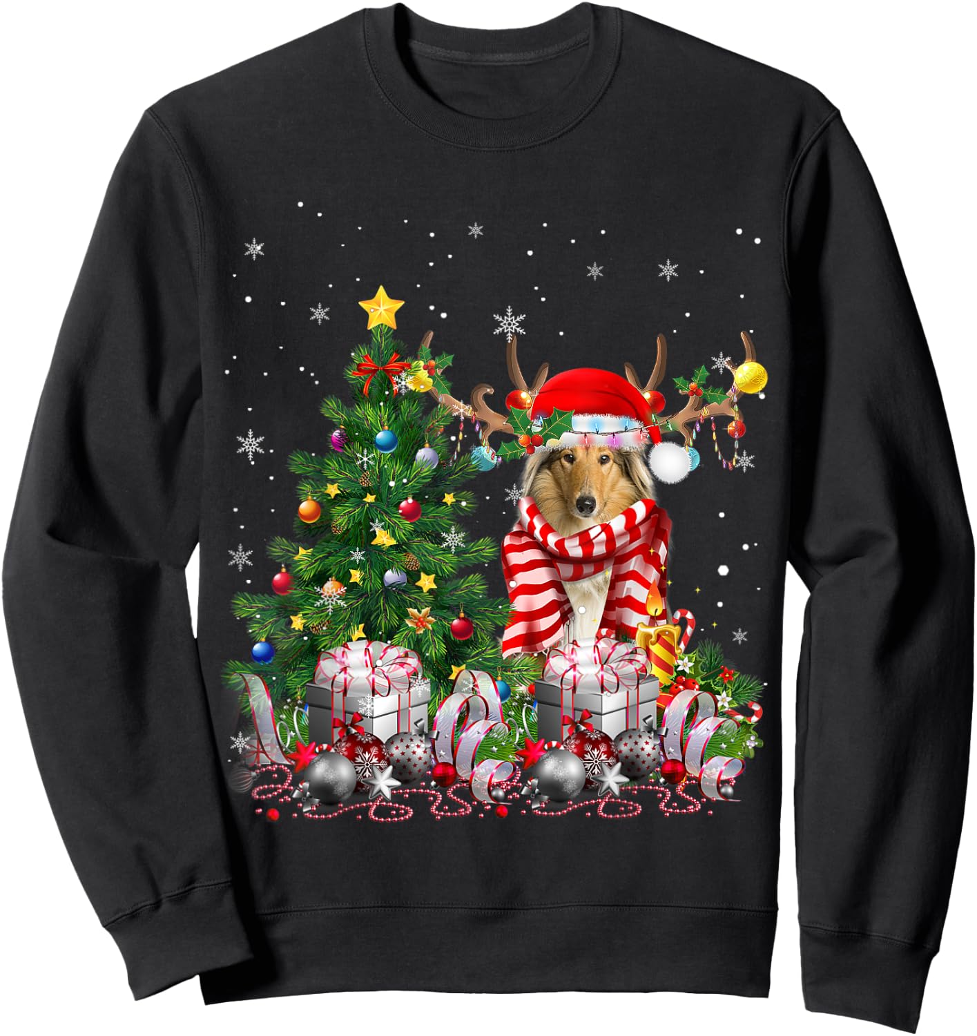Scotch Collie Dog Christmas Tree Lights Santa Pajamas Xmas Men Women Kids Sweatshirt - Sweatshirt | Black
