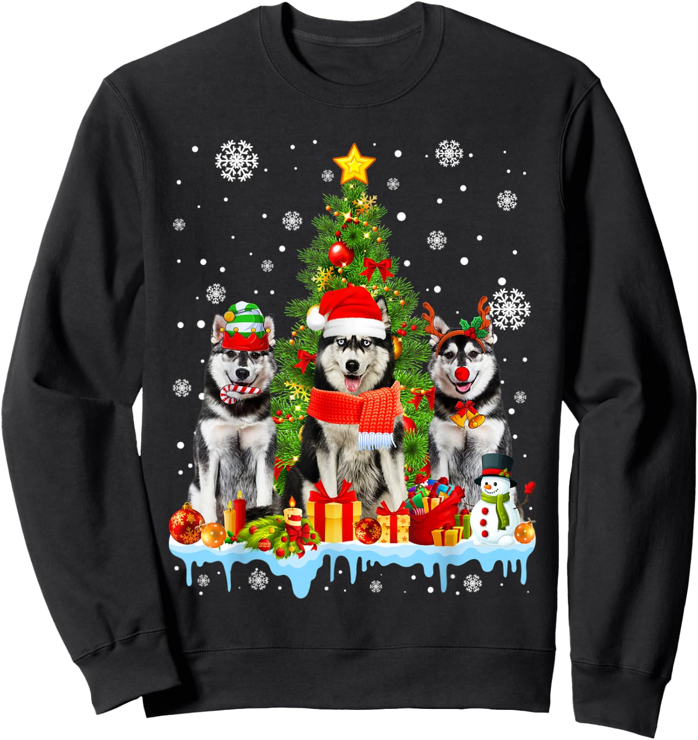 Funny Siberian Husky Dog Christmas Tree Women Men Kids Sweatshirt - Sweatshirt | Black