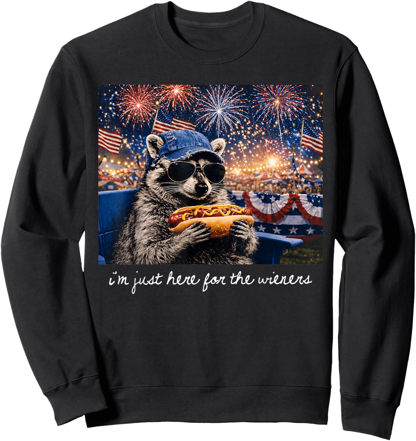 I'm Just Here for The Wieners Raccoon Fireworks 4th of July Sweatshirt - Sweatshirt | Black
