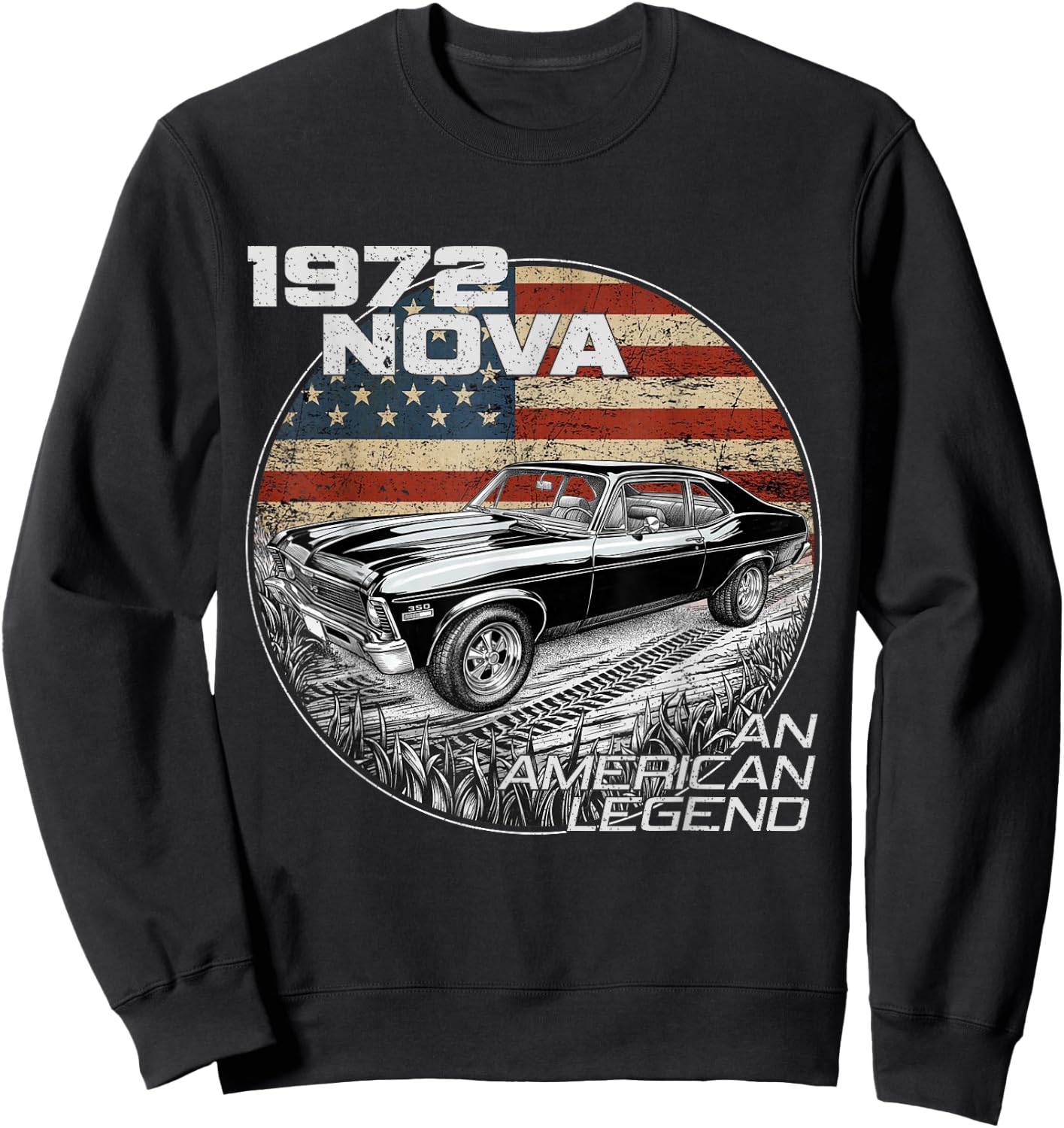 1972 72 Nova Silhouette Muscle Car American Flag Sweatshirt - Sweatshirt | Black