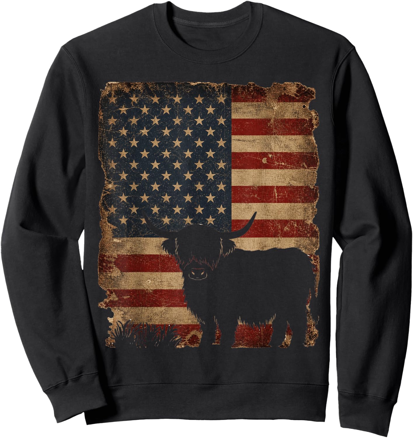 Highland Cow 4th of July Vintage American Flag Sweatshirt - Sweatshirt | Black