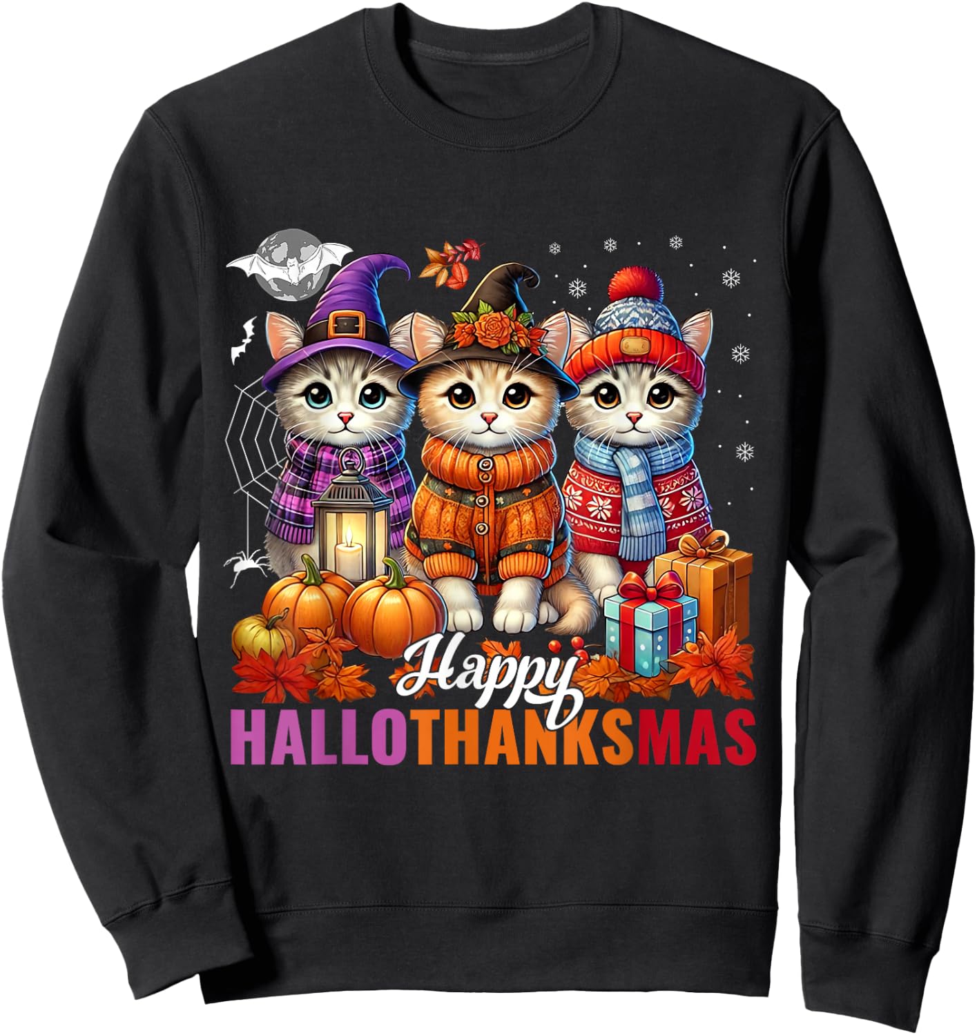 Halloween Thanksgiving Christmas Happy HalloThanksMas Cats Sweatshirt - Sweatshirt | Black
