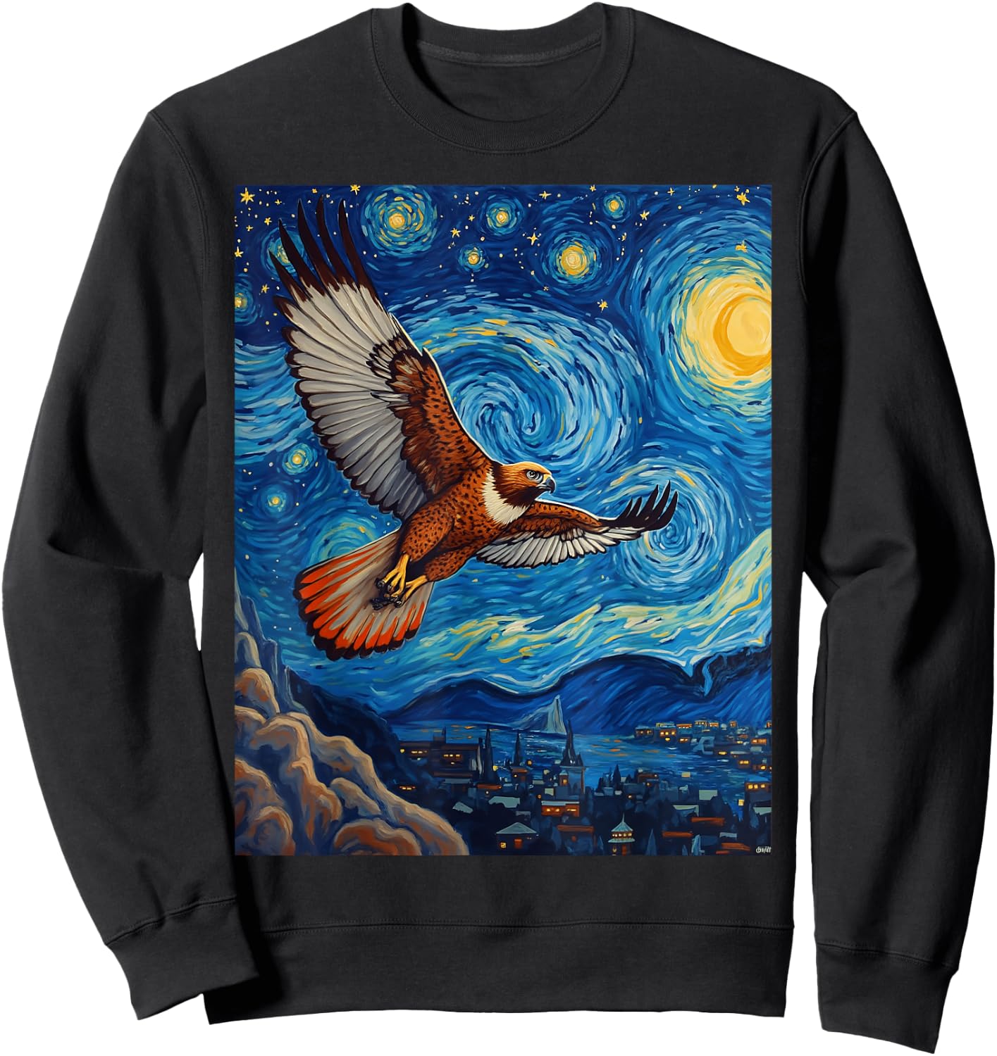 Van Gogh's Starry Night Red-Tailed Hawk Sky Hunter Animal Sweatshirt - Sweatshirt | Black