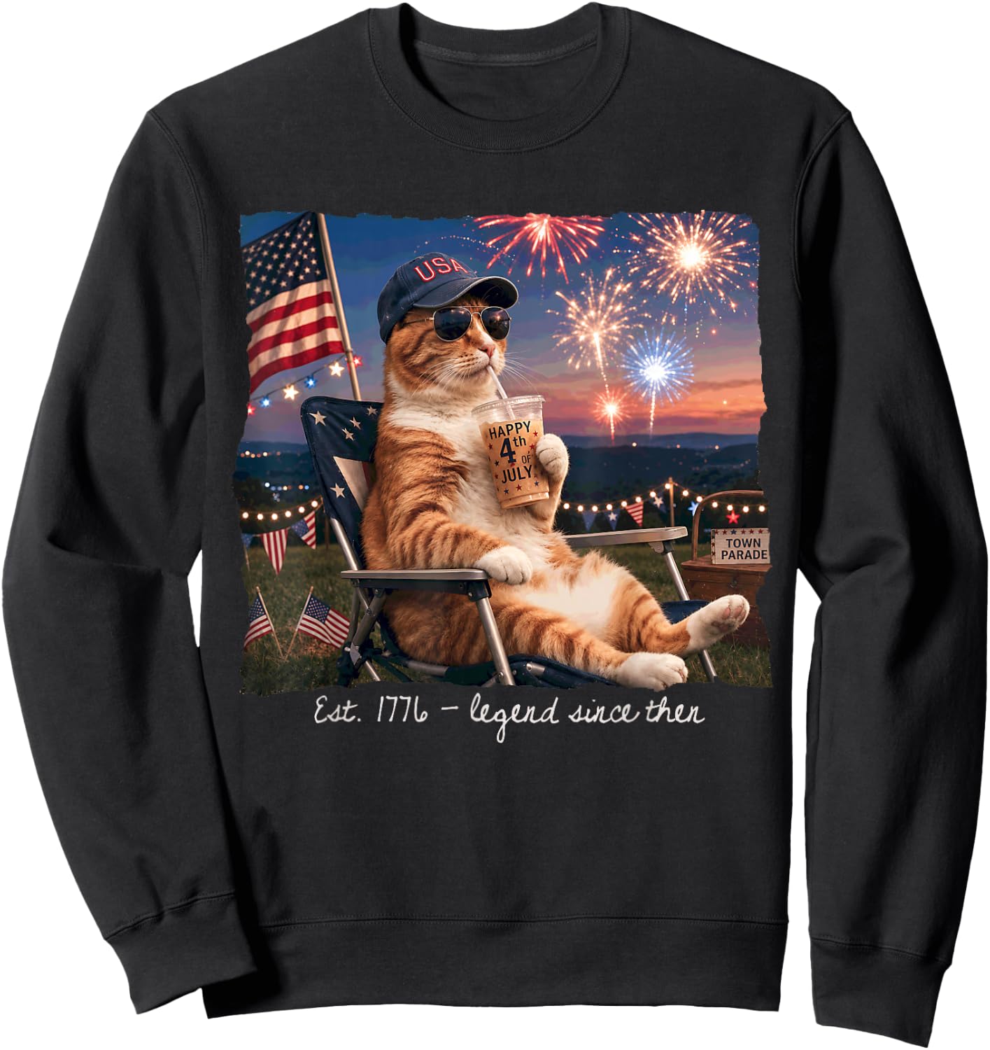 Funny 4th of July Cat Fireworks Est 1776 Legend Since Then Sweatshirt - Sweatshirt | Black