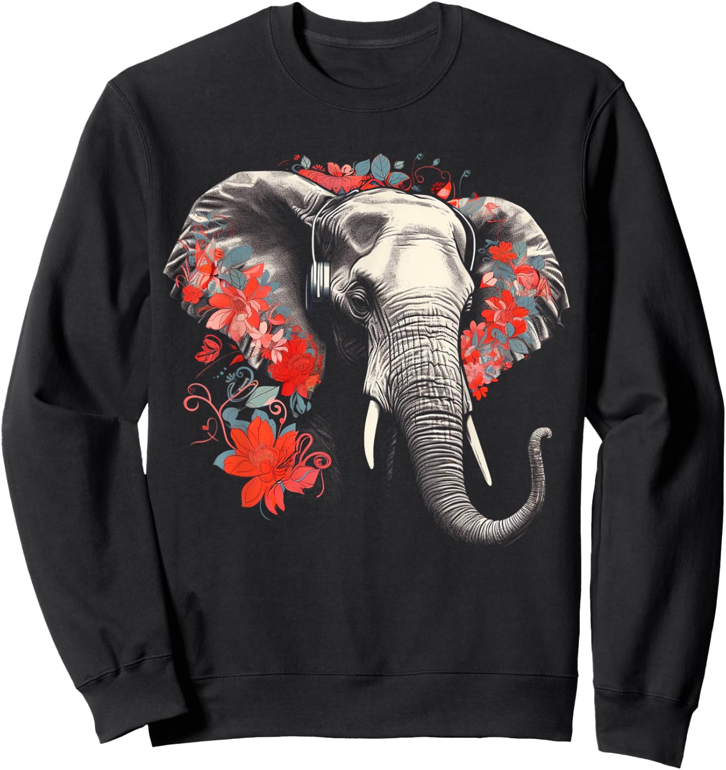 Elephant Flowers Music - Animal Art Elephant Sweatshirt - Sweatshirt | Black