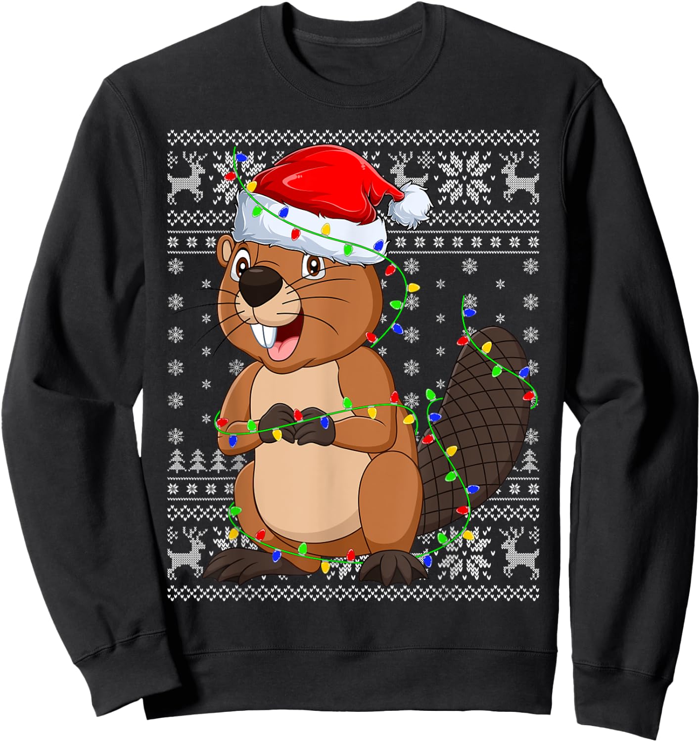 Ugly Sweater Xmas Lights Santa Hat Beaver Christmas Sweatshirt - Sweatshirt | Black