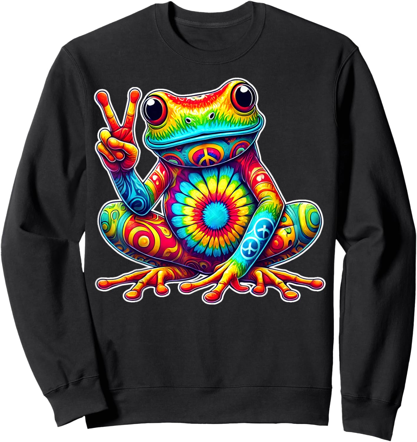 Tie-Dye Frog With Peace Sign Cool Hippie Sweatshirt - Sweatshirt | Black