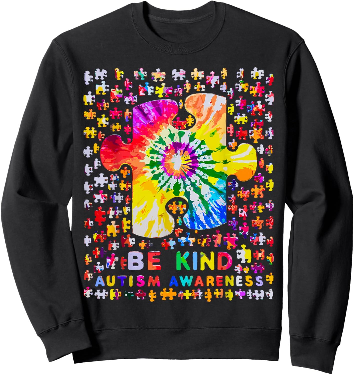 Be Kind Puzzle Tie Dye Autism Awareness Sweatshirt - Sweatshirt | Black
