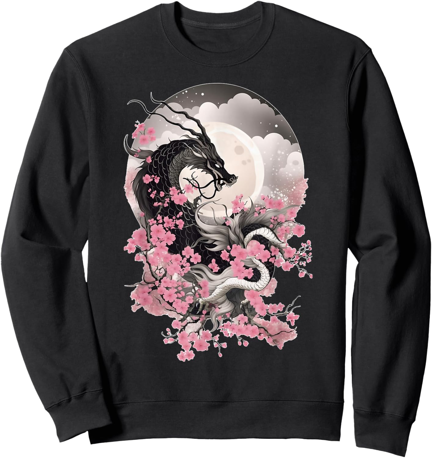 Japanese Dragon & Cherry Blossom Men & Women Full Moon Asian Sweatshirt - Sweatshirt | Black