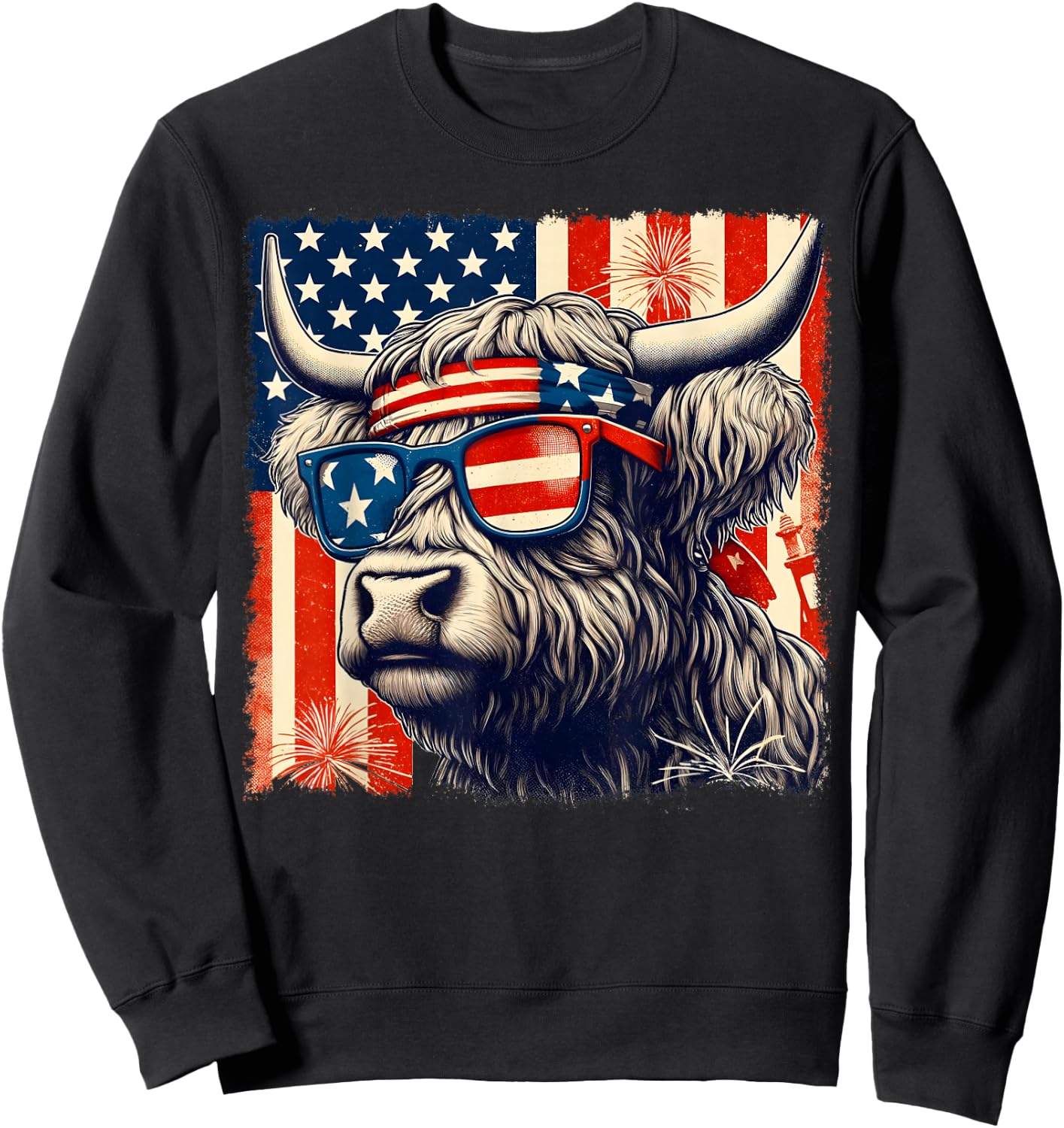 Highland Cow Sunglasses American Flag 4th of July Farmer Sweatshirt - Sweatshirt | Black