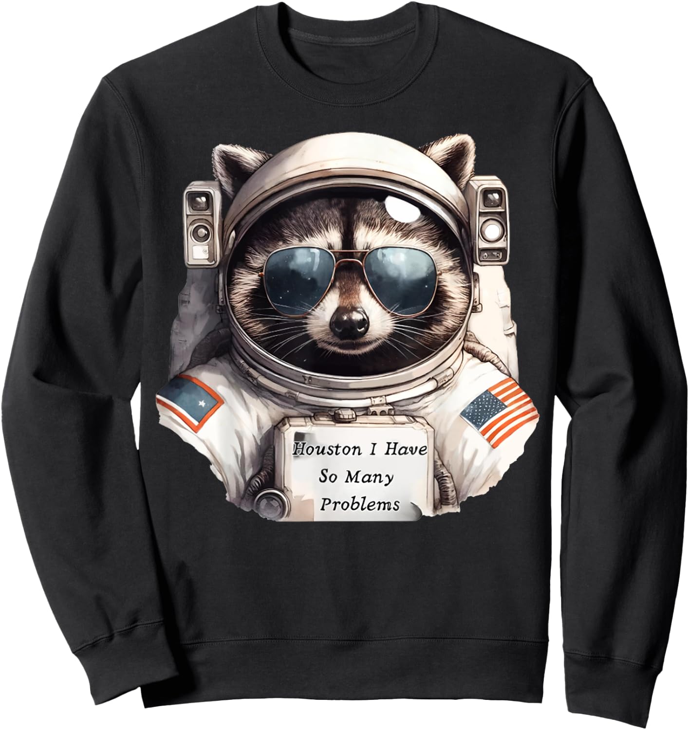 Houston I Have So Many Problems Funny Space Raccoon Meme Sweatshirt - Sweatshirt | Black