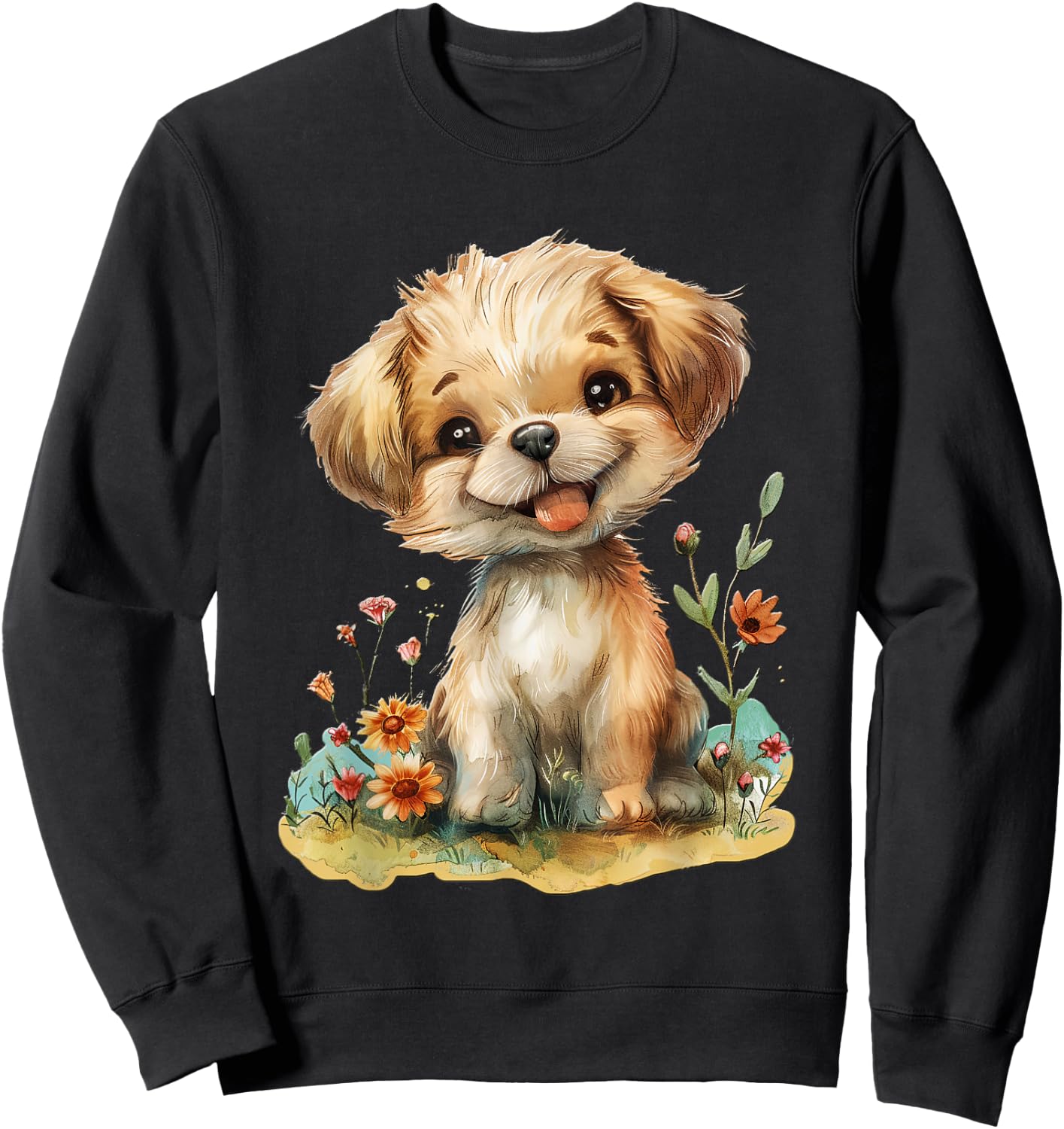 Baby Welpe mit Blumen süßer Hund Mädchen Tochter Sweatshirt - Sweatshirt | Black