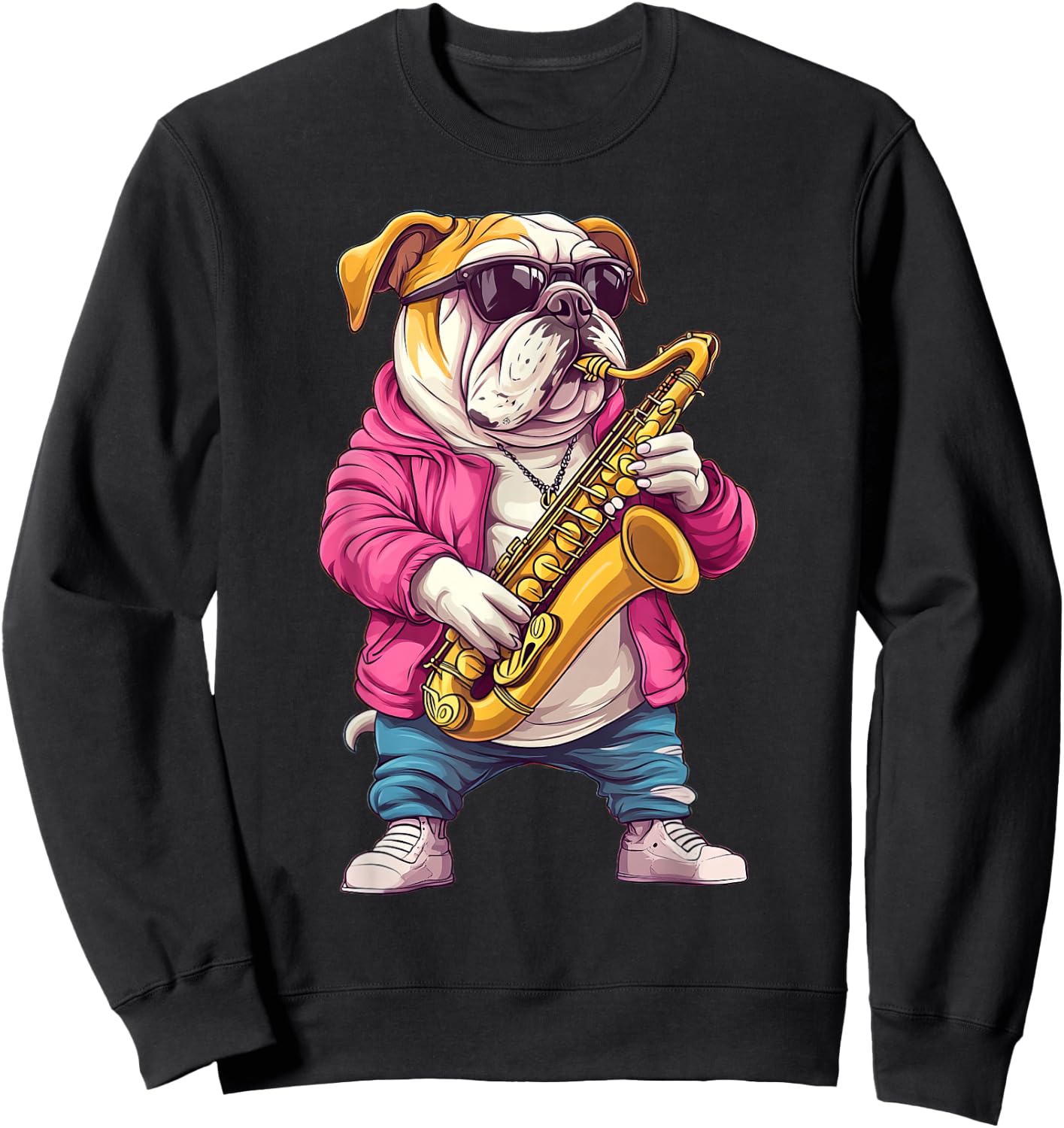 Cute English Bulldog Dog Playing Saxophone Musician Music Sweatshirt - Sweatshirt | Black