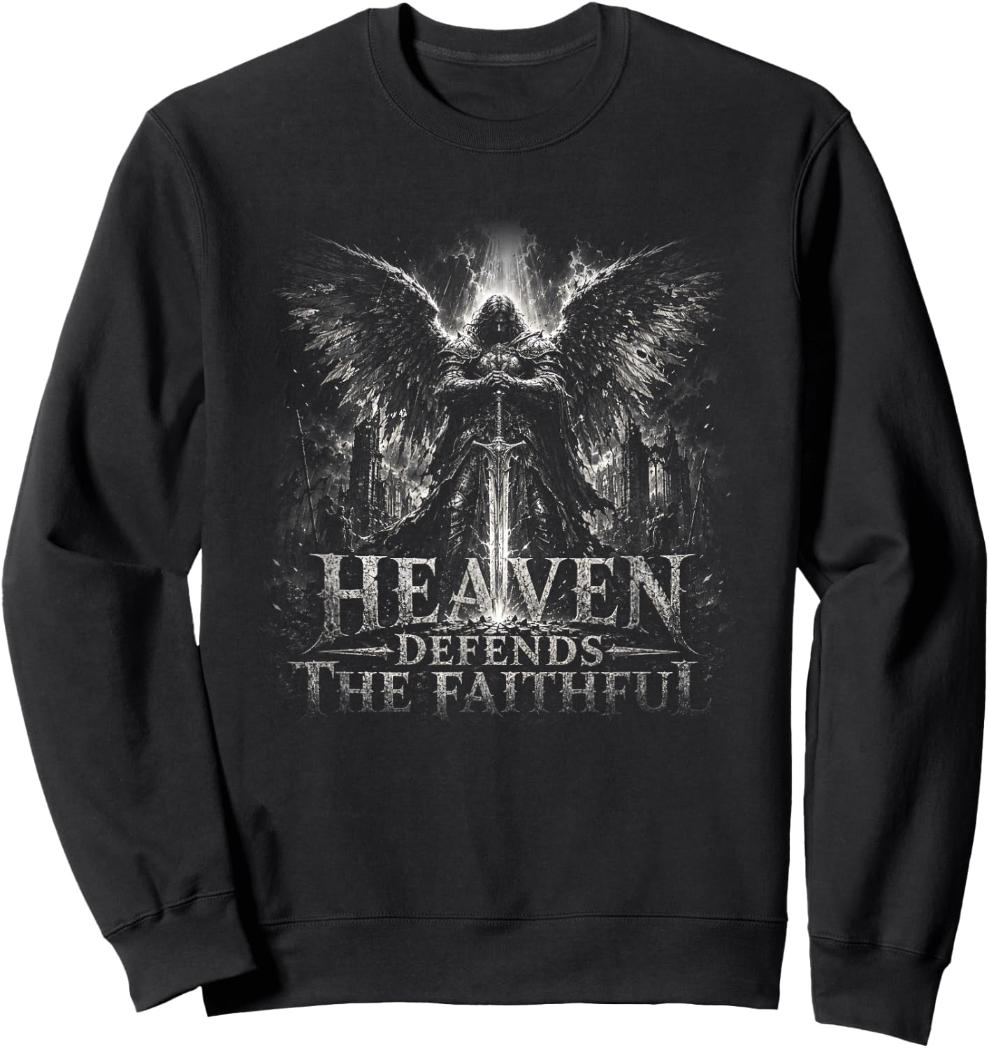 Heaven Defends The Faithful Angel Warrior Cross Sweatshirt - Sweatshirt | Black