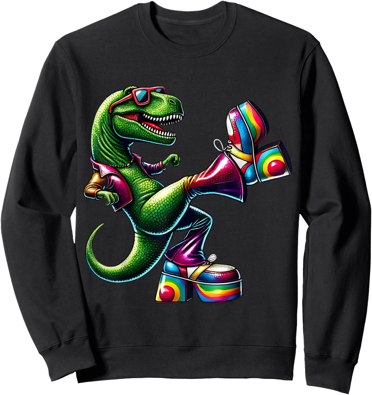 Funny Dancing Dinosaur, Disco Dino Party, Dinosaur Vintage Sweatshirt - Sweatshirt | Black