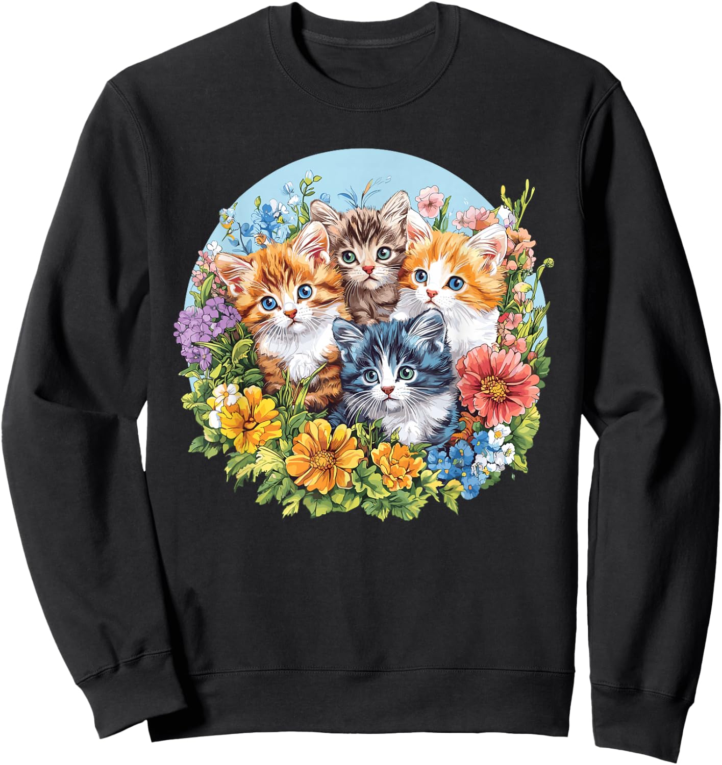 Adorable Kittens Surrounded by Flowers Sweatshirt - Sweatshirt | Black