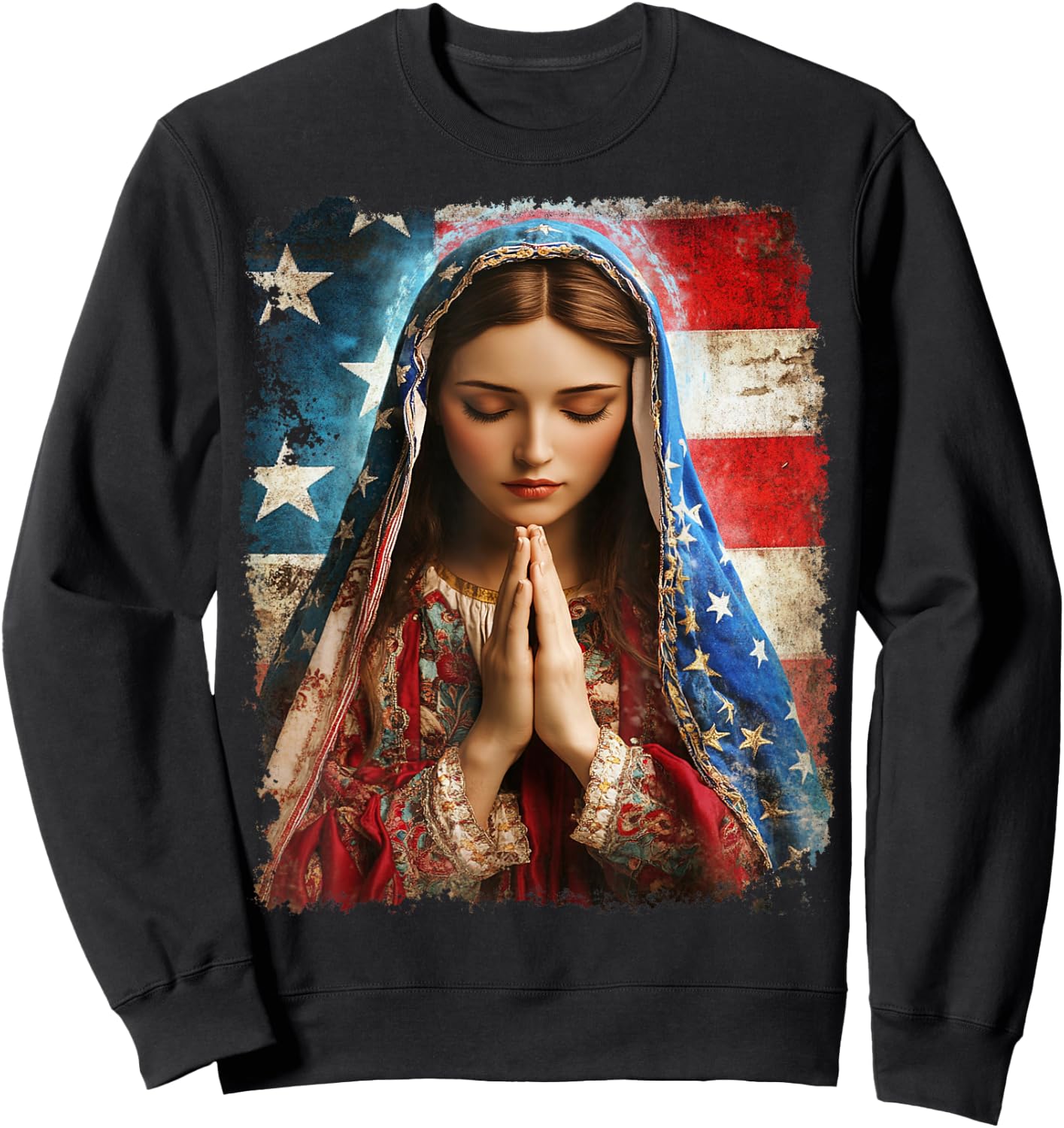 US Flag American The Virgin Mary Religious Christian Sweatshirt - Sweatshirt | Black
